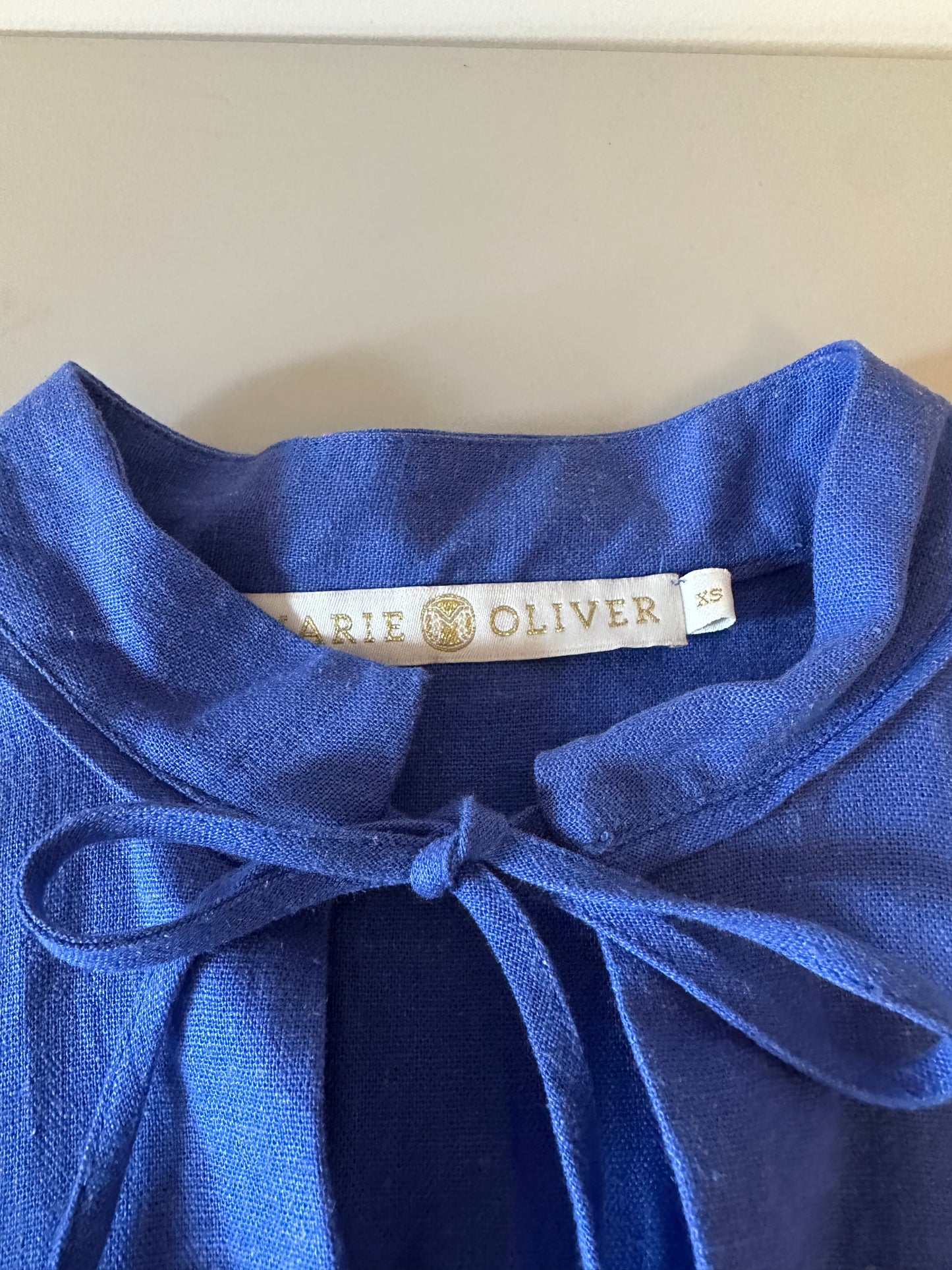 Marie Oliver Blue Embroidered Linen Blend Tassel Tie Peplum Top | Size XS