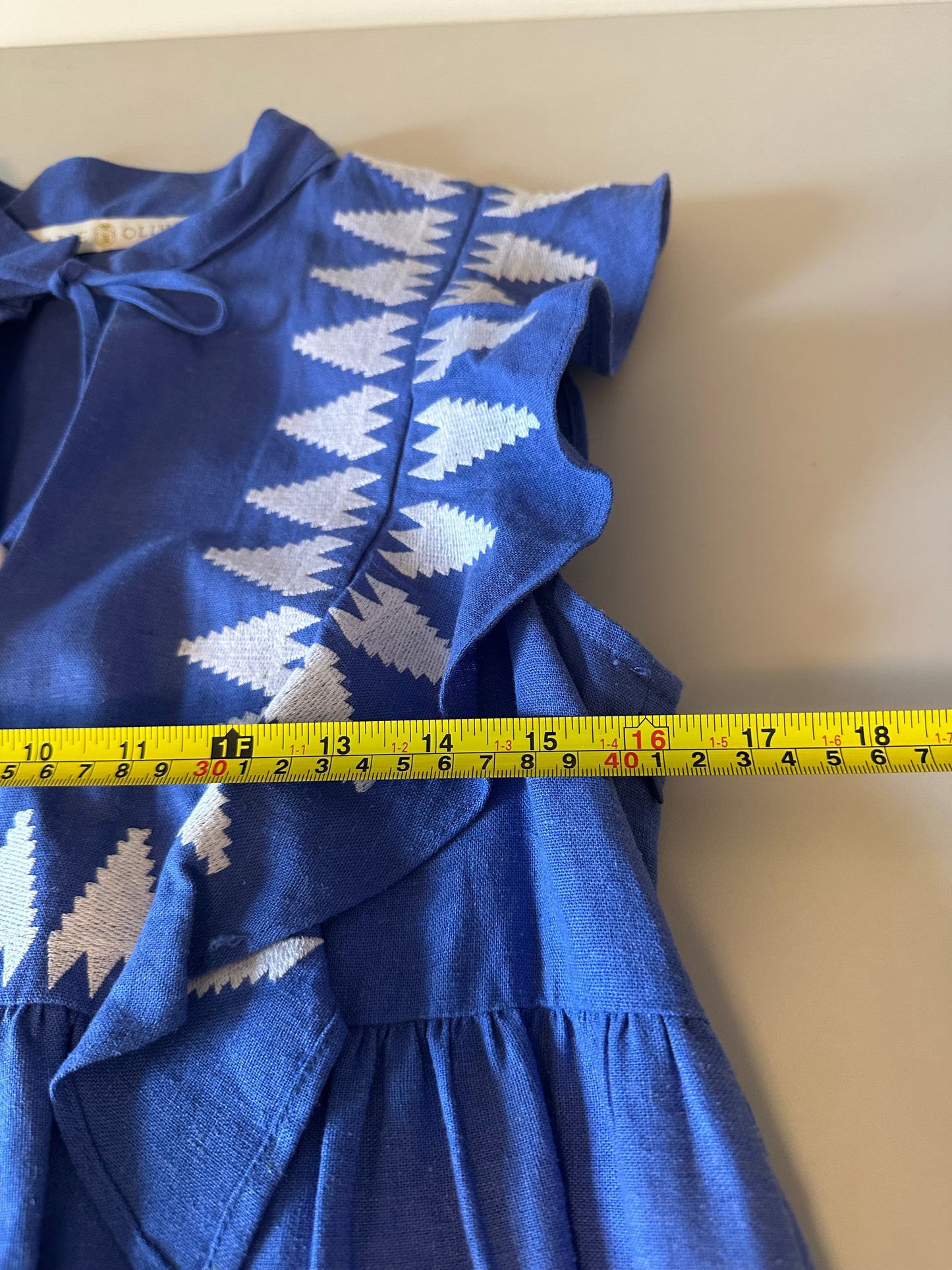 Marie Oliver Blue Embroidered Linen Blend Tassel Tie Peplum Top | Size XS