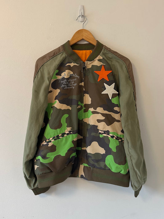 L.A.M.B. Burton Rare Vivienne Dryride Satin Camo Bomber Jacket | Size Small