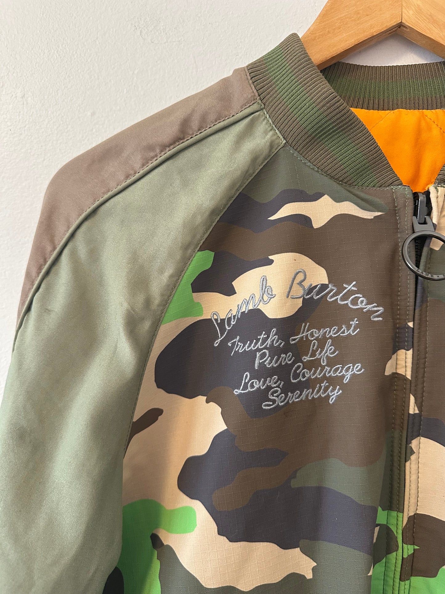 L.A.M.B. Burton Rare Vivienne Dryride Satin Camo Bomber Jacket | Size Small