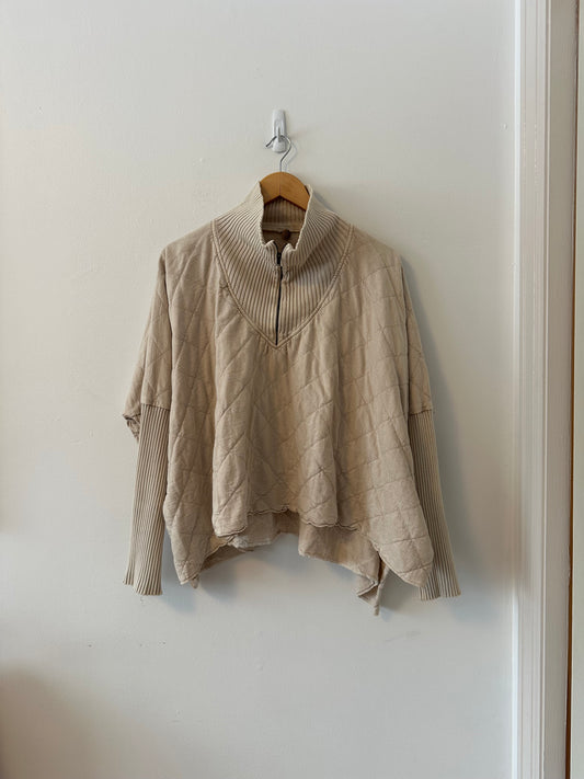 Free People Fp One Shiloh Oversized Quilted Half Zip Sweatshirt in Beige