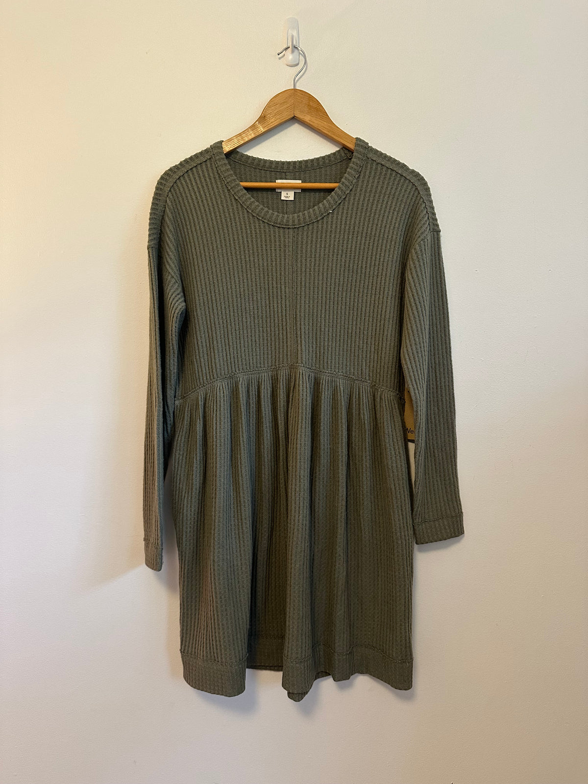NWT UpWest Olive Green Waffle Knit Babydoll Mini Dress with Pockets | Size Small