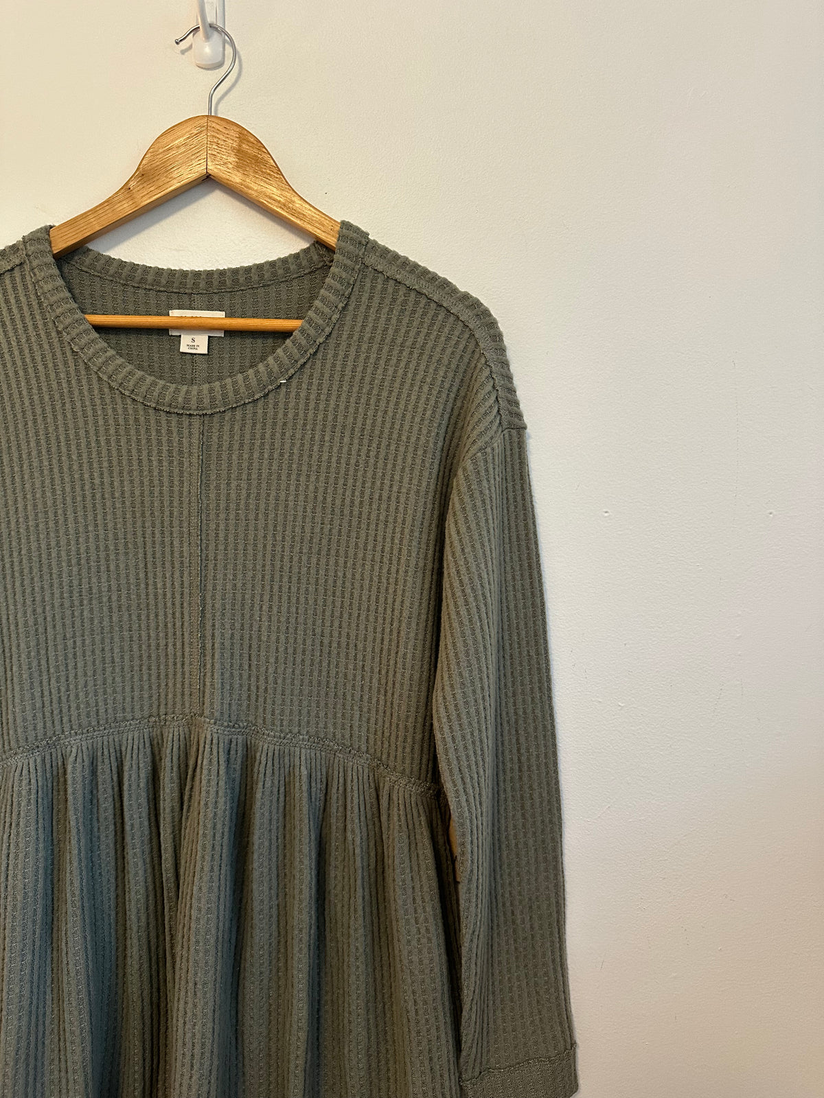 NWT UpWest Olive Green Waffle Knit Babydoll Mini Dress with Pockets | Size Small