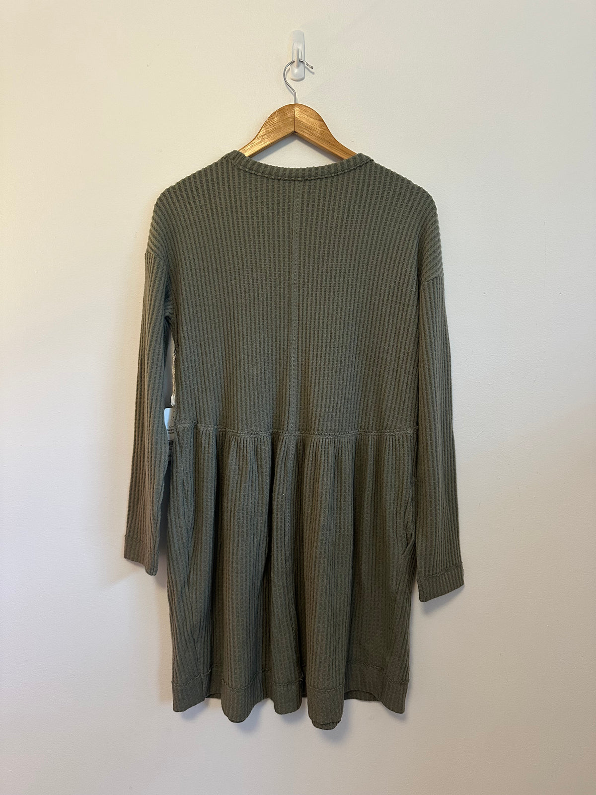 NWT UpWest Olive Green Waffle Knit Babydoll Mini Dress with Pockets | Size Small