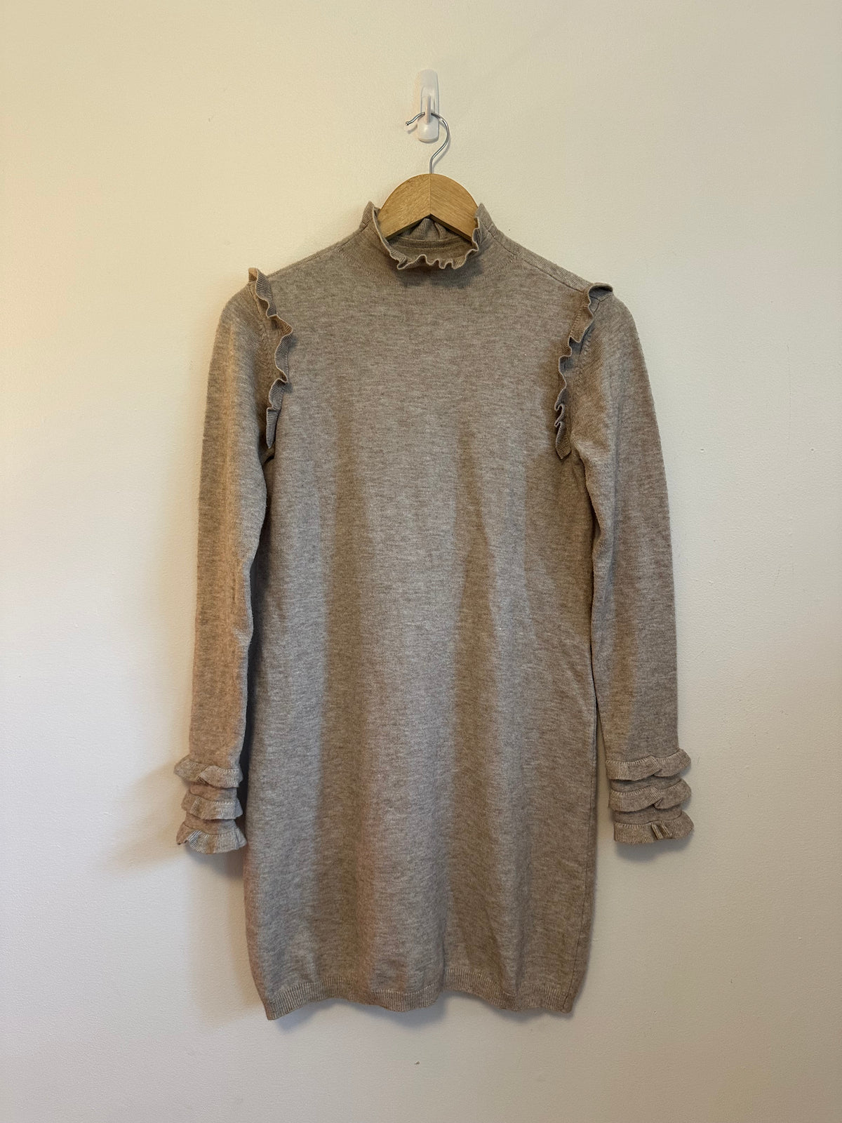 RD Style Ruffle Mock Neck Sweater Dress in Heathered Taupe | Size Small