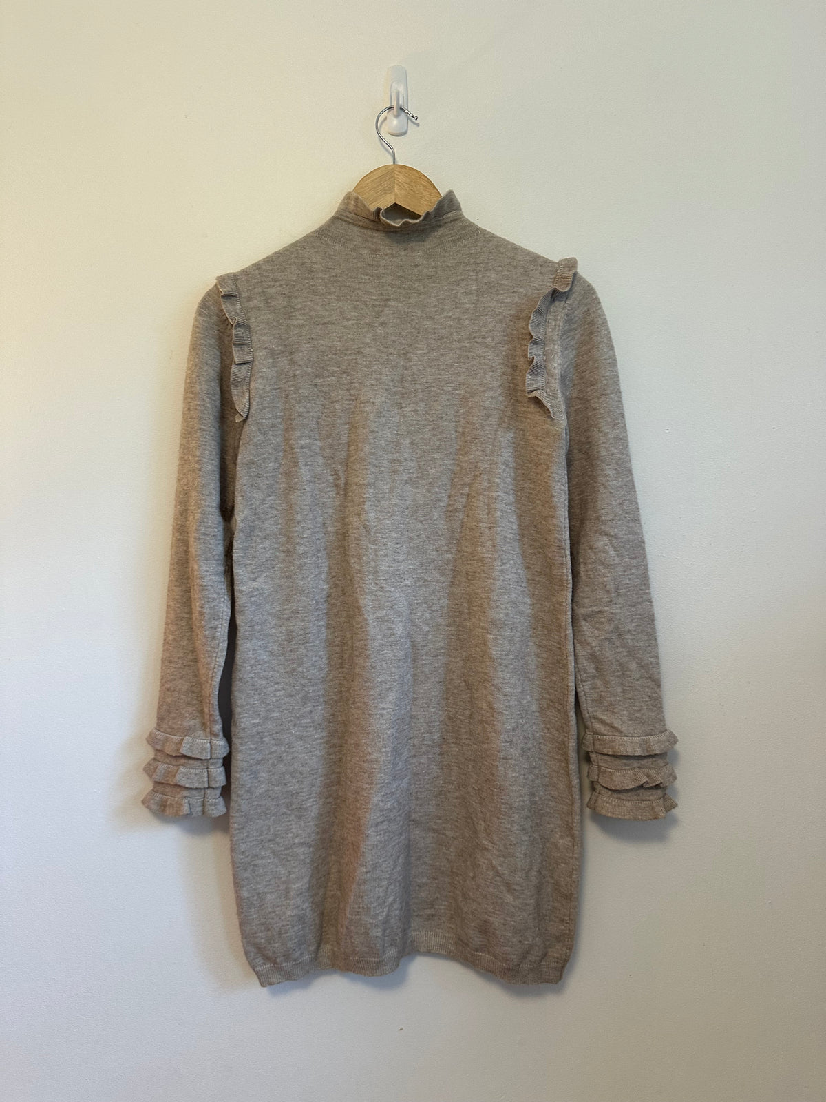 RD Style Ruffle Mock Neck Sweater Dress in Heathered Taupe | Size Small