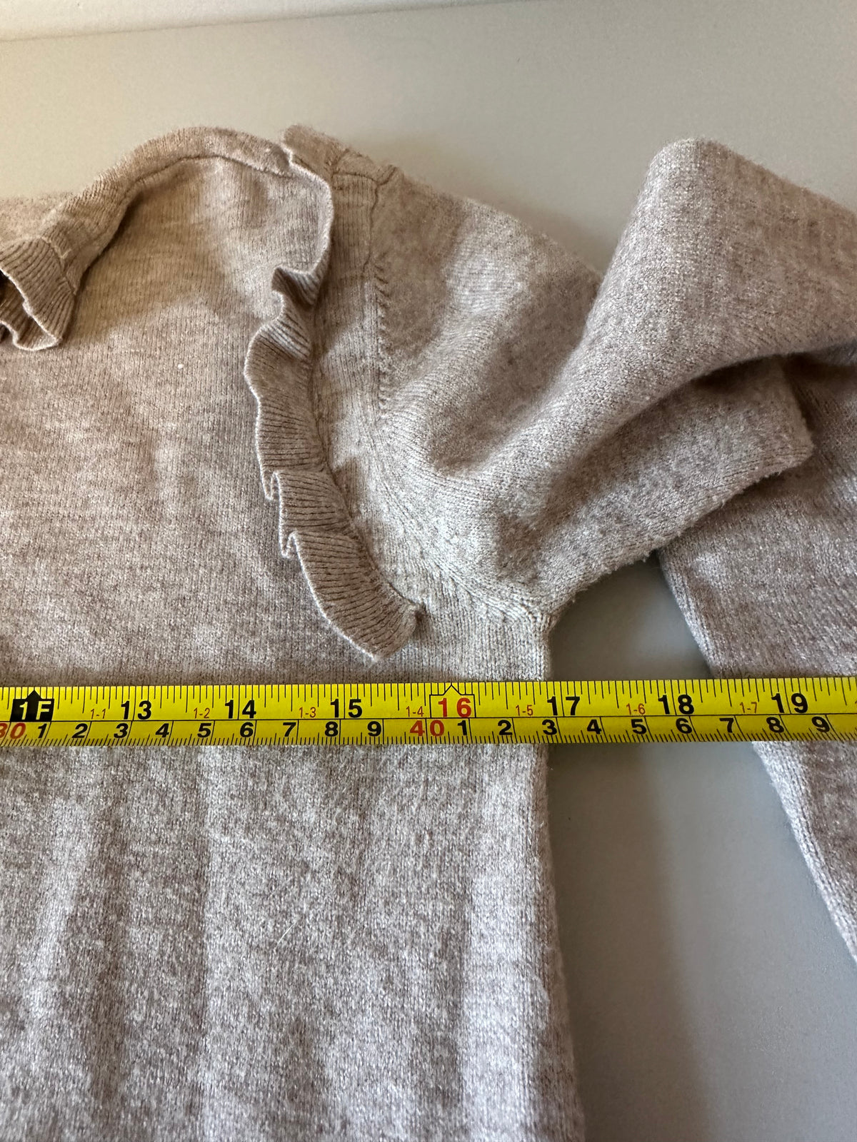 RD Style Ruffle Mock Neck Sweater Dress in Heathered Taupe | Size Small