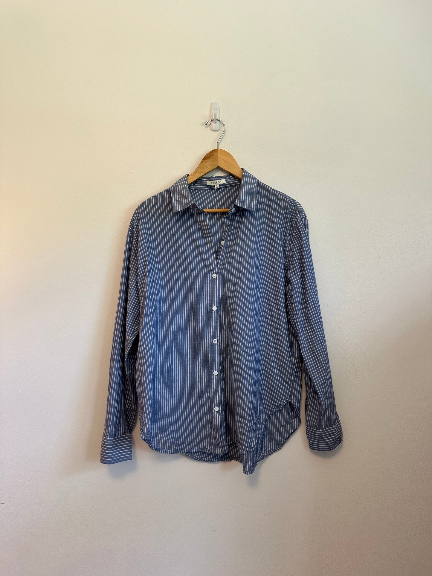 Z Supply Melody Striped Button Down Shirt in Blue and White Cotton | Size Small