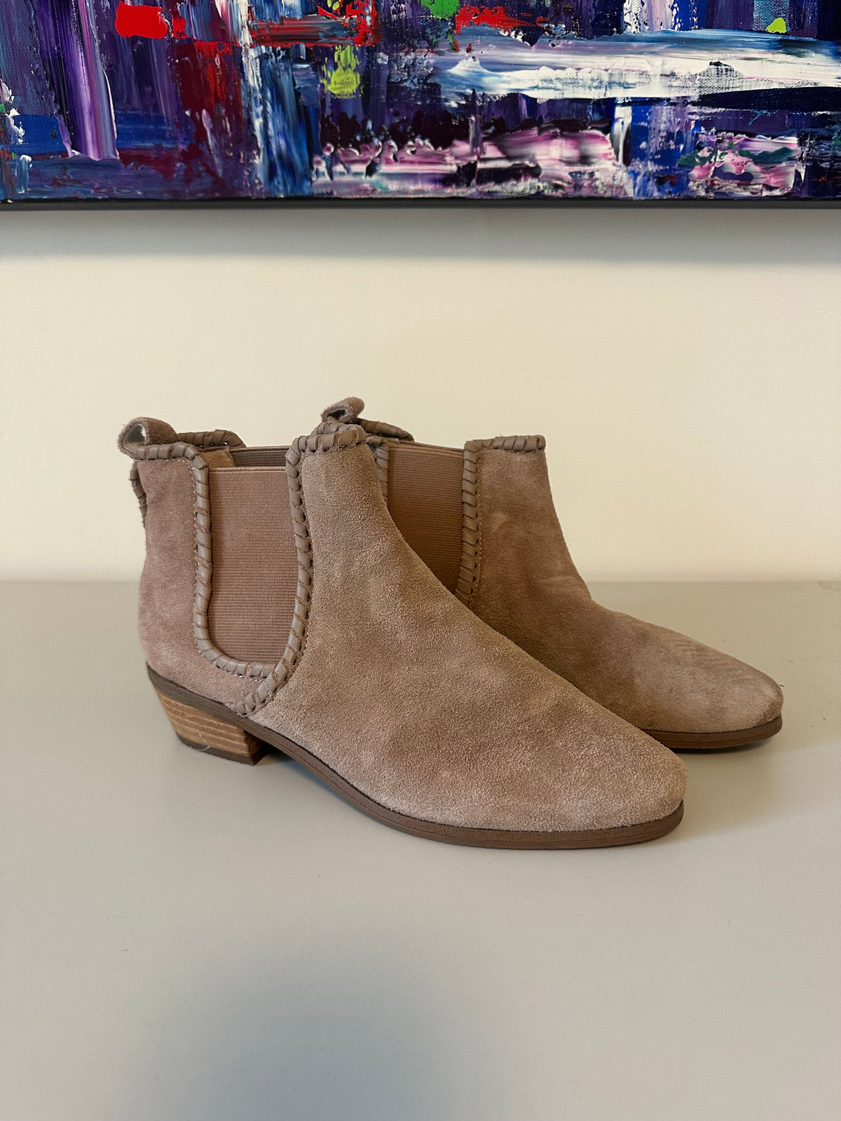 Jack Rogers Taupe Suede Whipstitch Chelsea Ankle Boots | Size 7.5