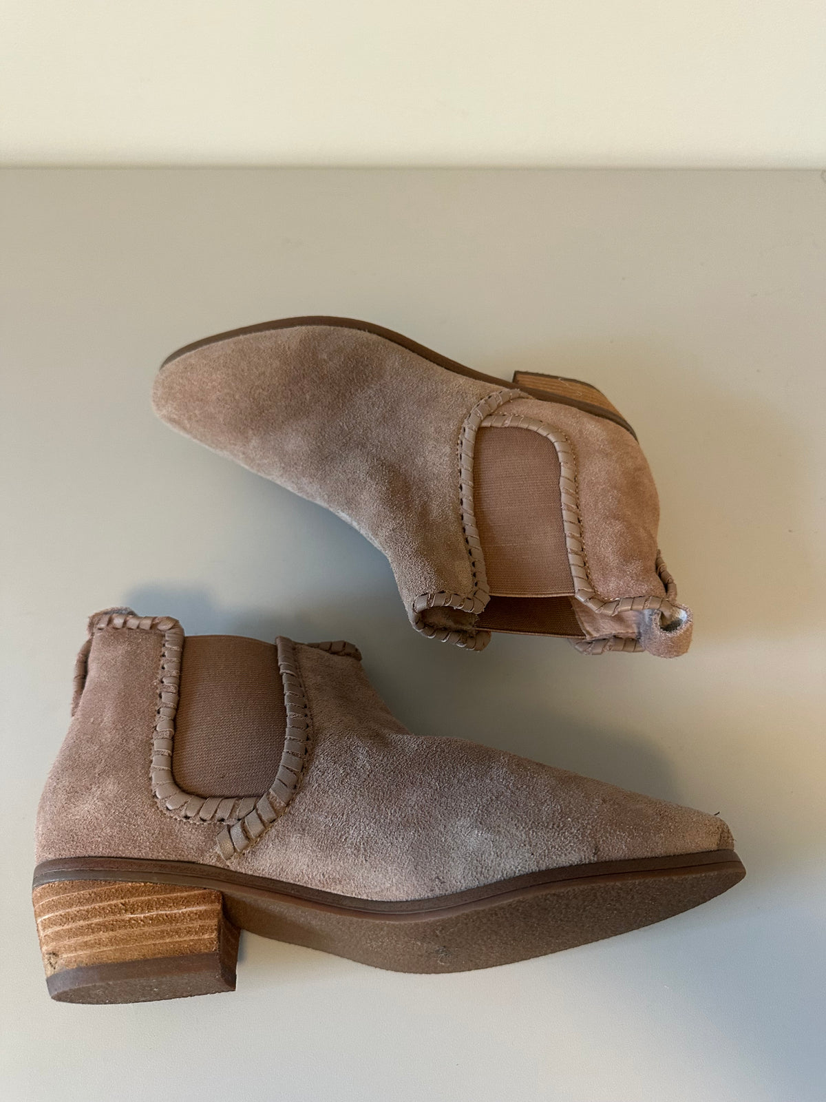Jack Rogers Taupe Suede Whipstitch Chelsea Ankle Boots | Size 7.5