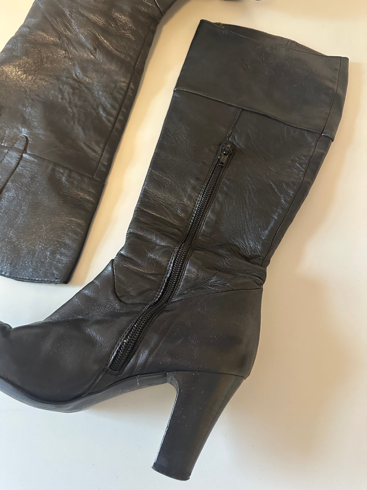 Black Leather Tall Block Heel Pointed Toe Boots