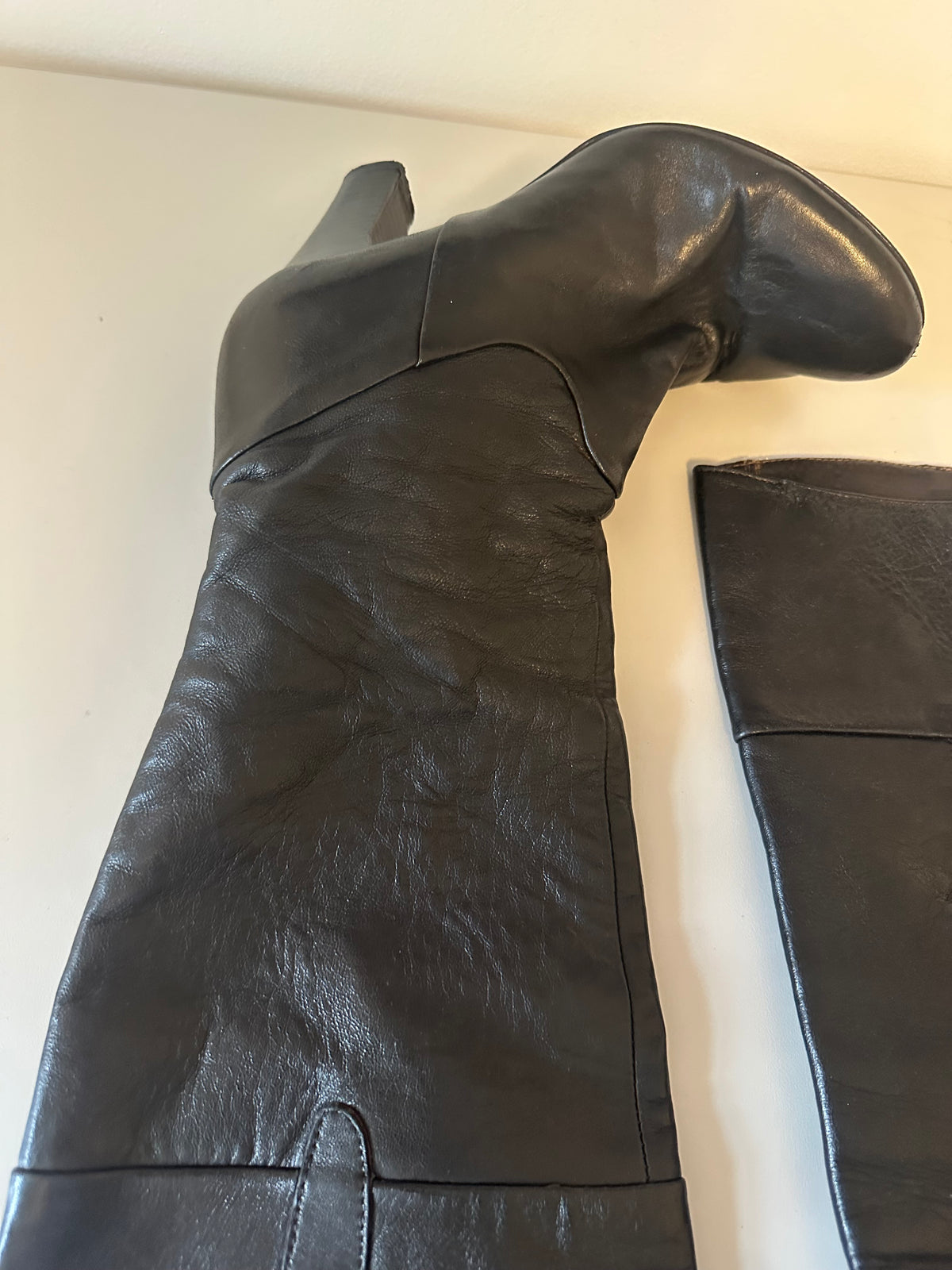 Black Leather Tall Block Heel Pointed Toe Boots