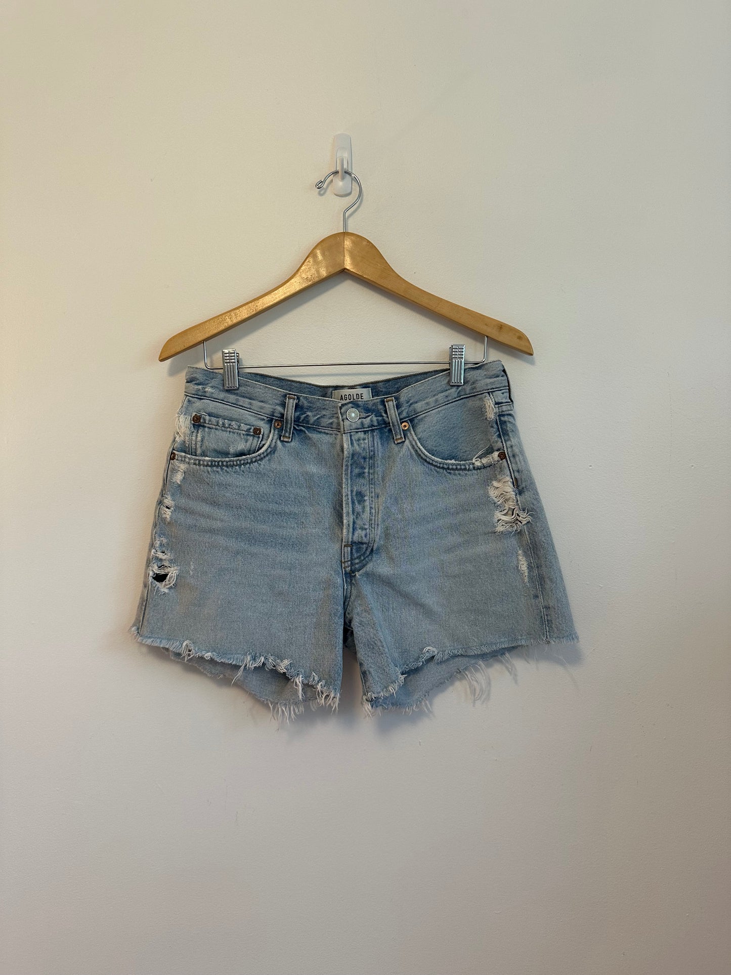 AGOLDE Parker Long High Rise Distressed Denim Shorts in Light Wash | Size 28