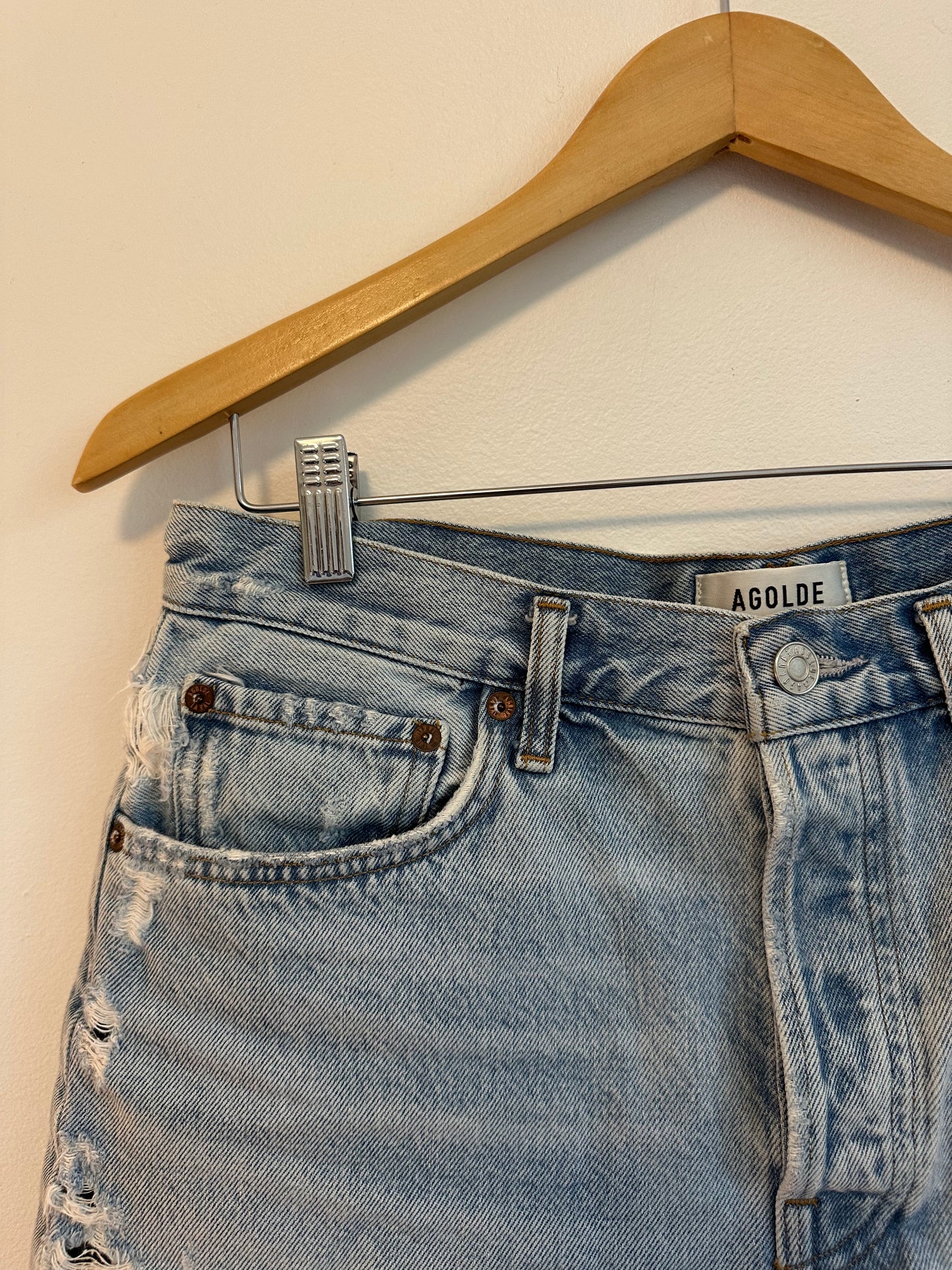 AGOLDE Parker Long High Rise Distressed Denim Shorts in Light Wash | Size 28