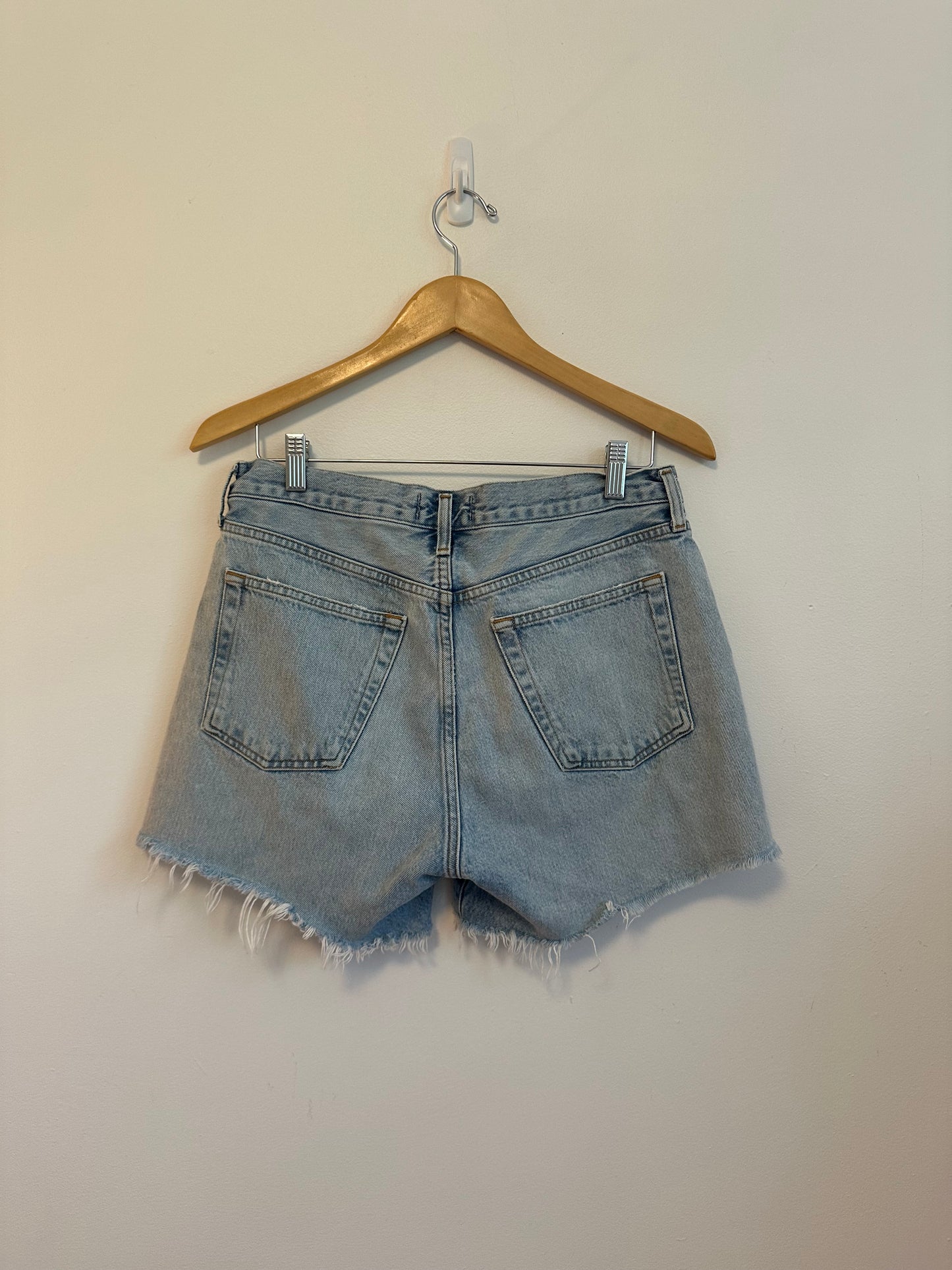 AGOLDE Parker Long High Rise Distressed Denim Shorts in Light Wash | Size 28