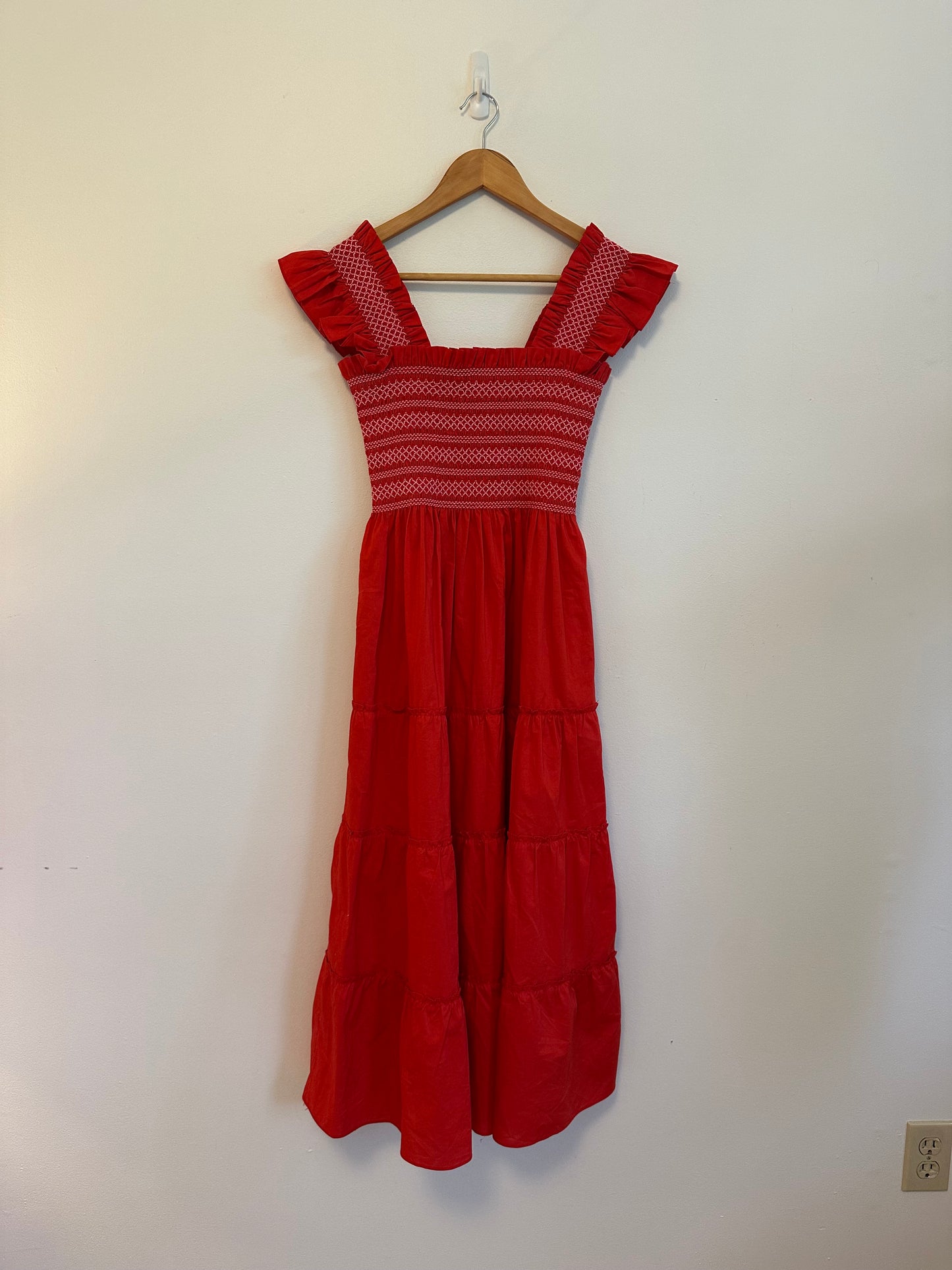 Hill House Home Ellie Cotton Poplin Nap Dress in Red Smocked Ruffle | Size XS