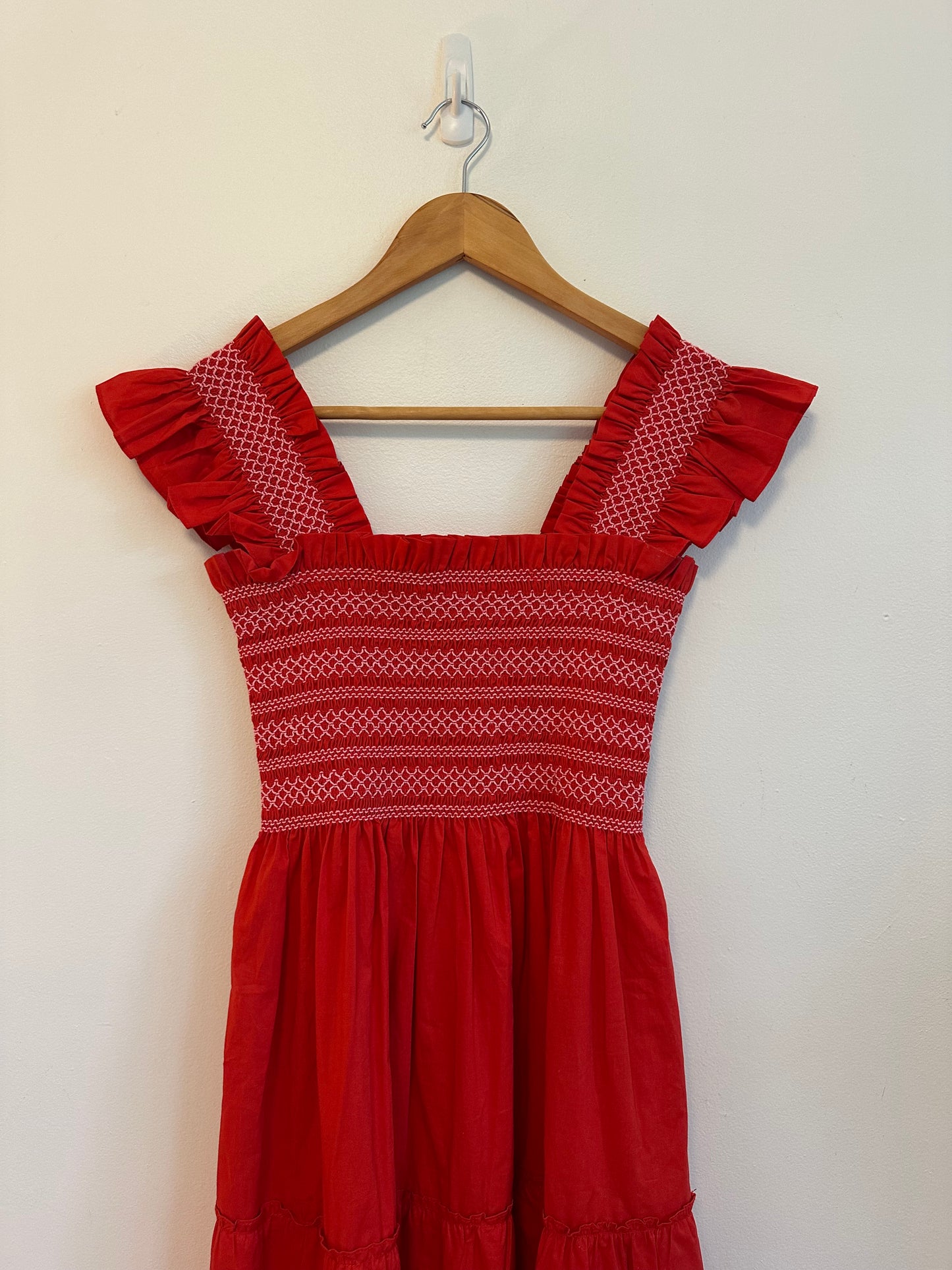 Hill House Home Ellie Cotton Poplin Nap Dress in Red Smocked Ruffle | Size XS