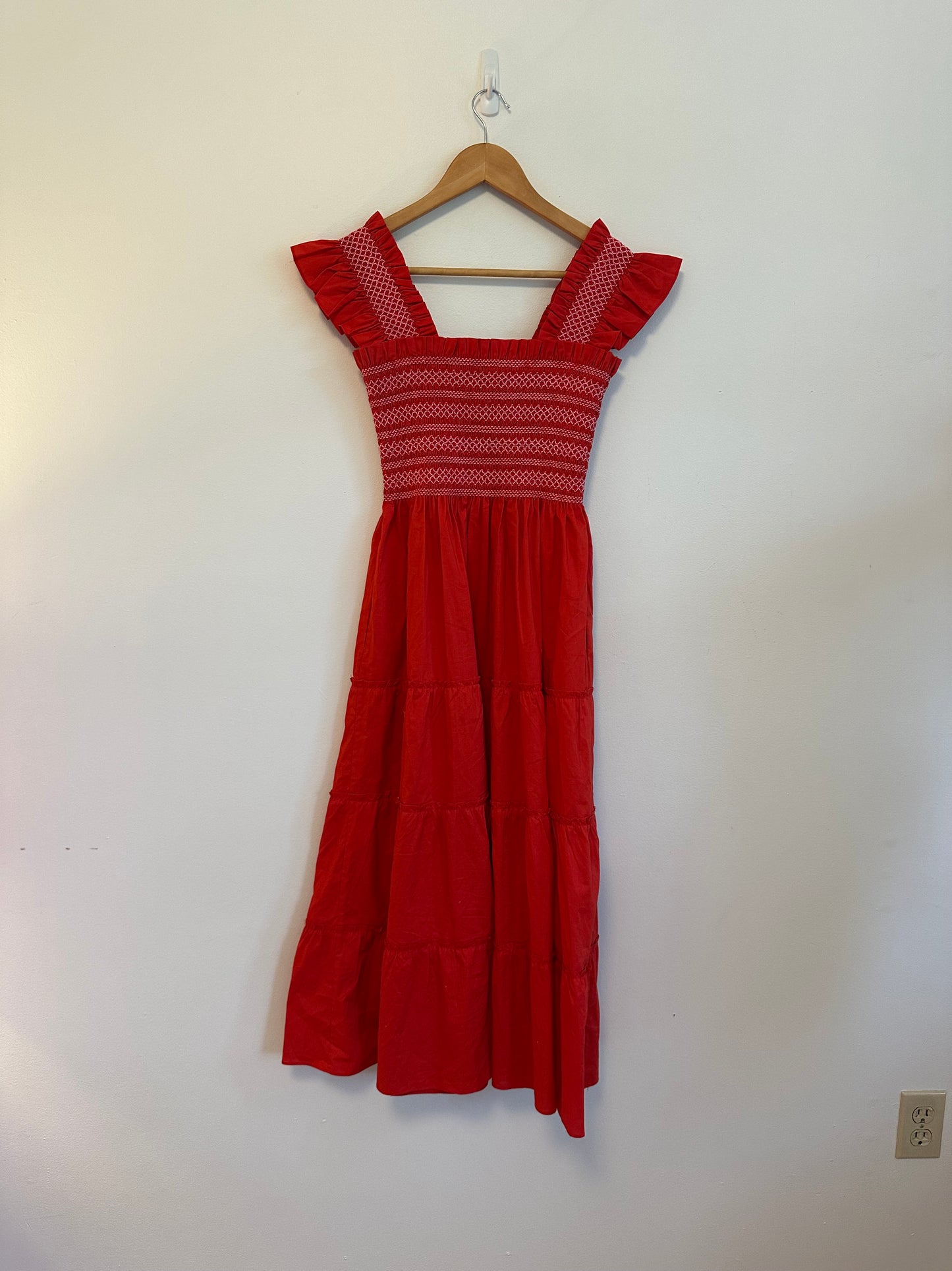 Hill House Home Ellie Cotton Poplin Nap Dress in Red Smocked Ruffle | Size XS