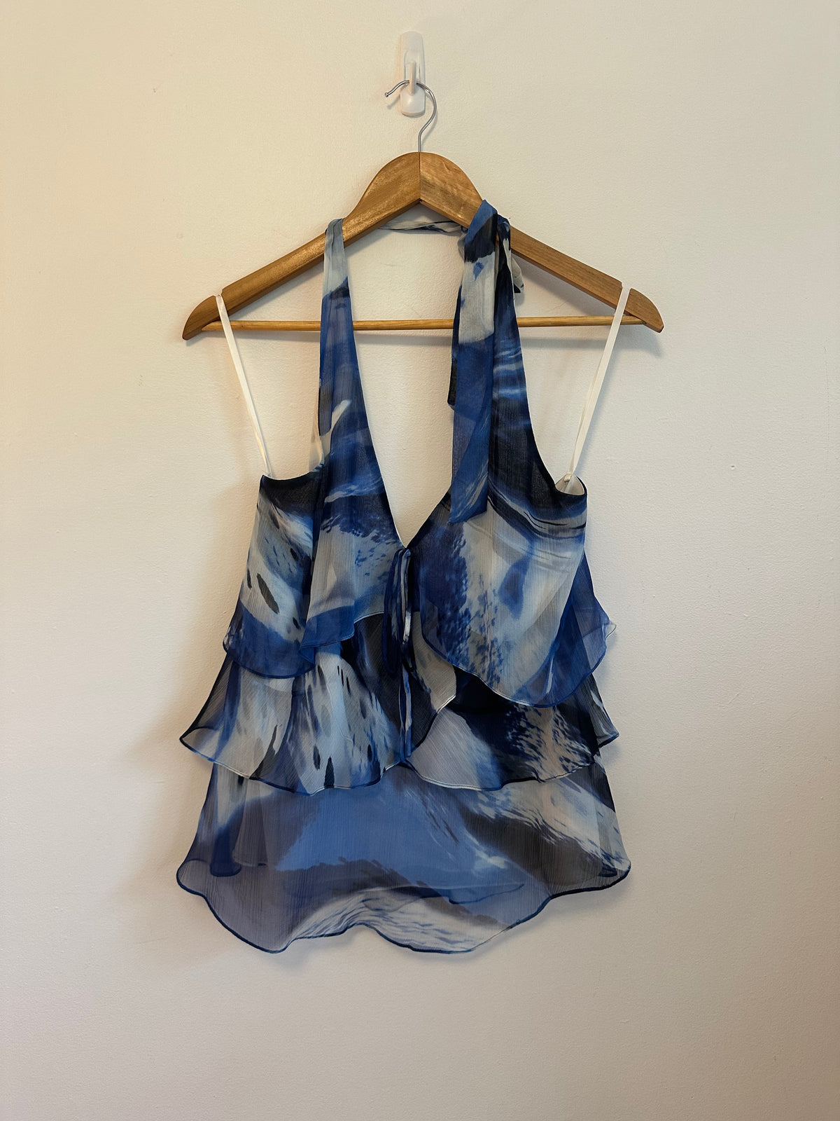 BCBGMAXAZRIA Silk Tiered Ruffle Halter Top in  Blue Abstract  Print | Size XS