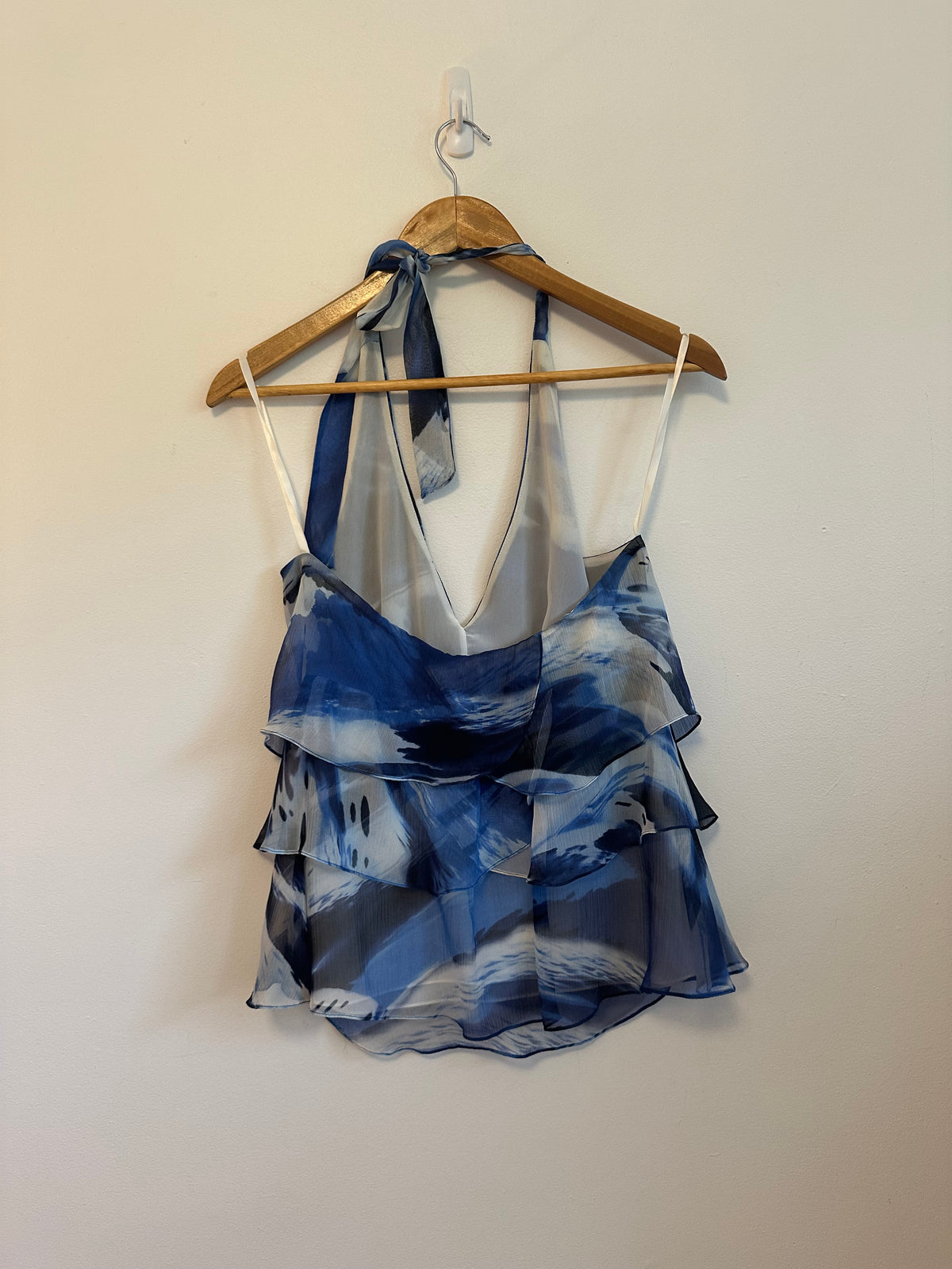 BCBGMAXAZRIA Silk Tiered Ruffle Halter Top in  Blue Abstract  Print | Size XS