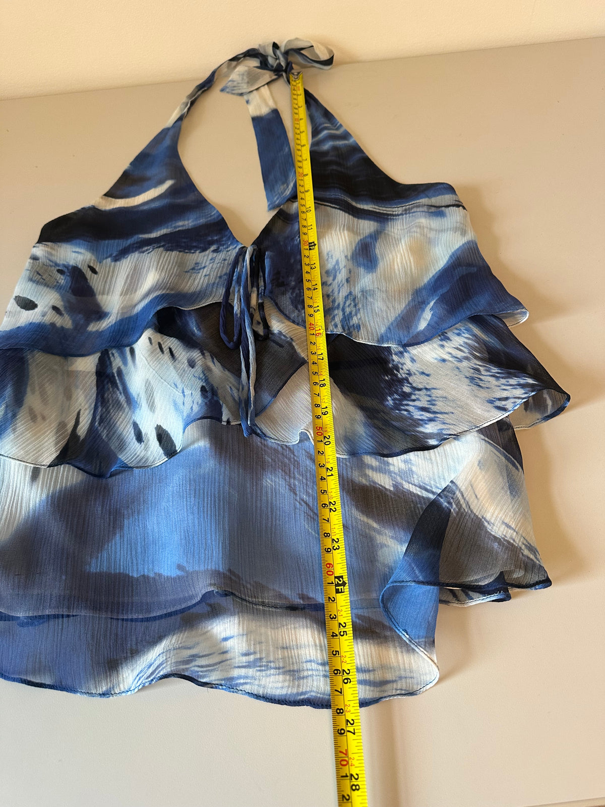 BCBGMAXAZRIA Silk Tiered Ruffle Halter Top in  Blue Abstract  Print | Size XS