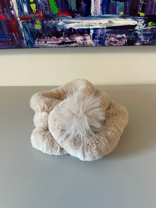 Real Rabbit Fox Fur Scarf Beige Pull Through Pom Pom Neck Warmer Stole