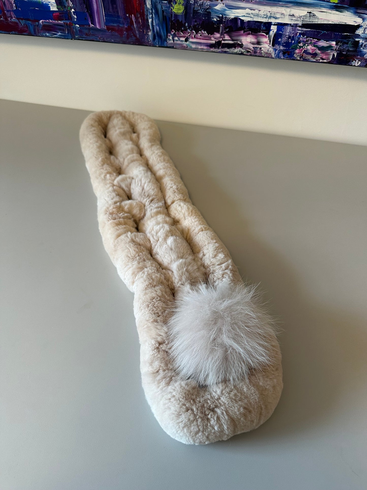 Real Rabbit Fox Fur Scarf Beige Pull Through Pom Pom Neck Warmer Stole