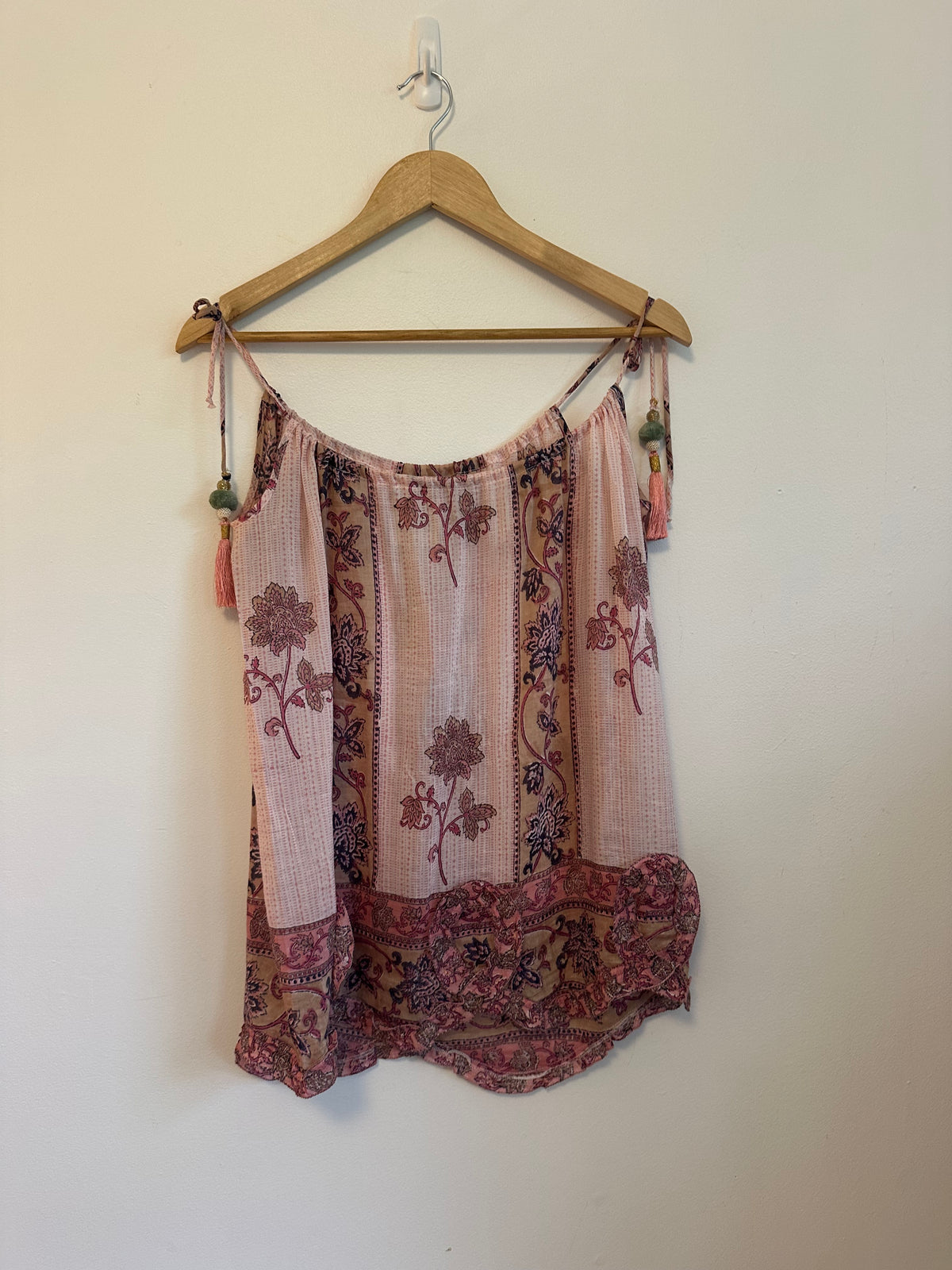 Bell Pink Floral Silk and Cotton Blend Tassel Tie Strap Camisole Top | Size XS