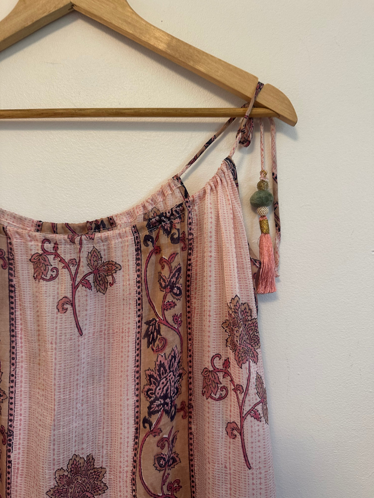 Bell Pink Floral Silk and Cotton Blend Tassel Tie Strap Camisole Top | Size XS