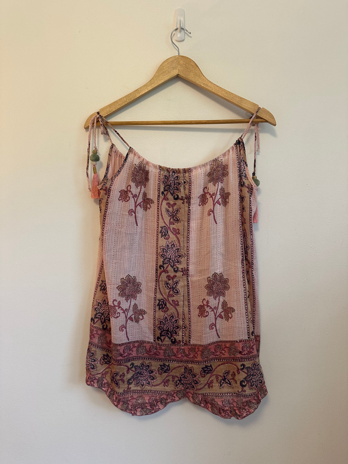 Bell Pink Floral Silk and Cotton Blend Tassel Tie Strap Camisole Top | Size XS
