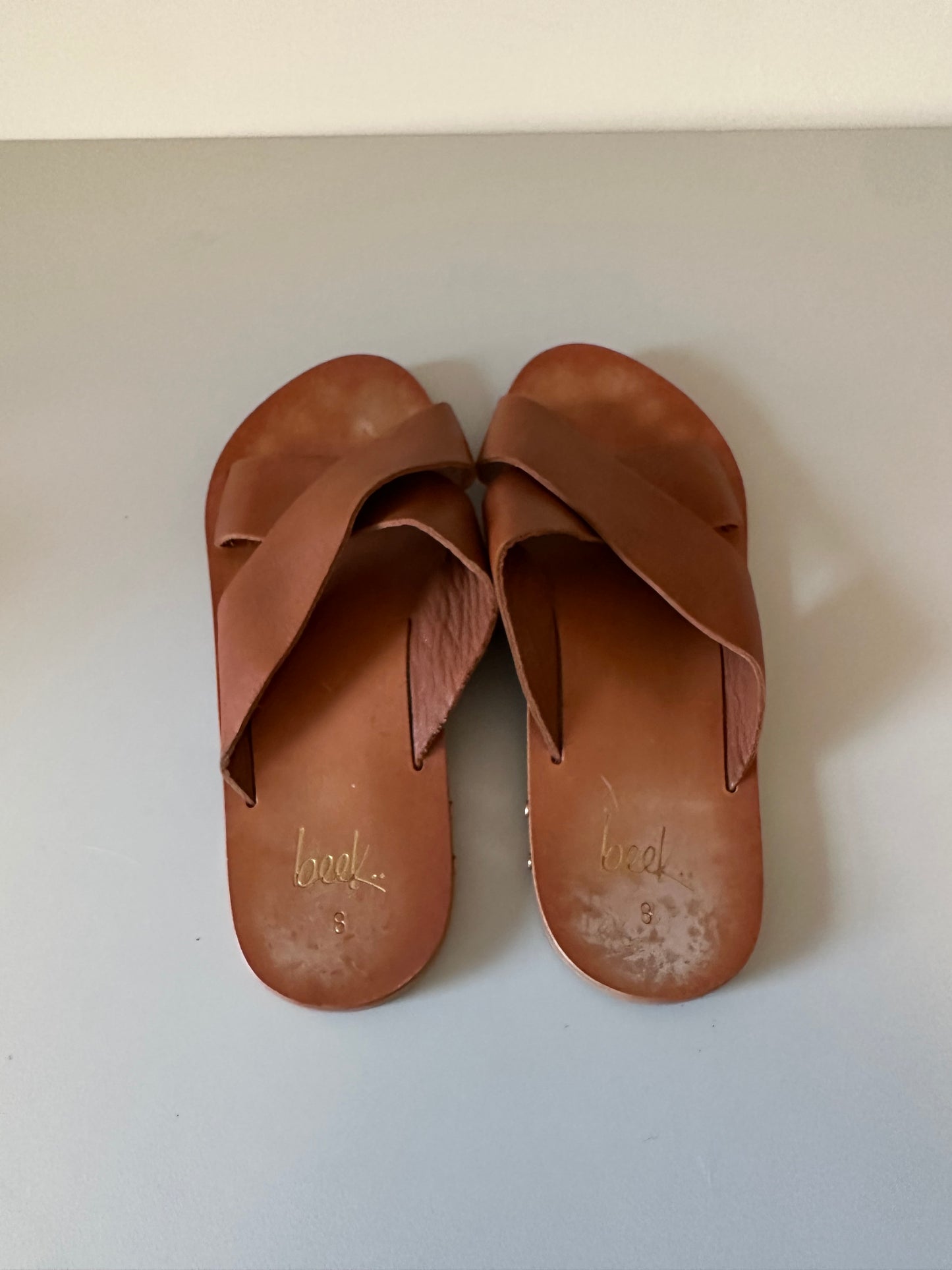 Beek Palila Leather Crisscross Slide Sandals in Brown | Size 8