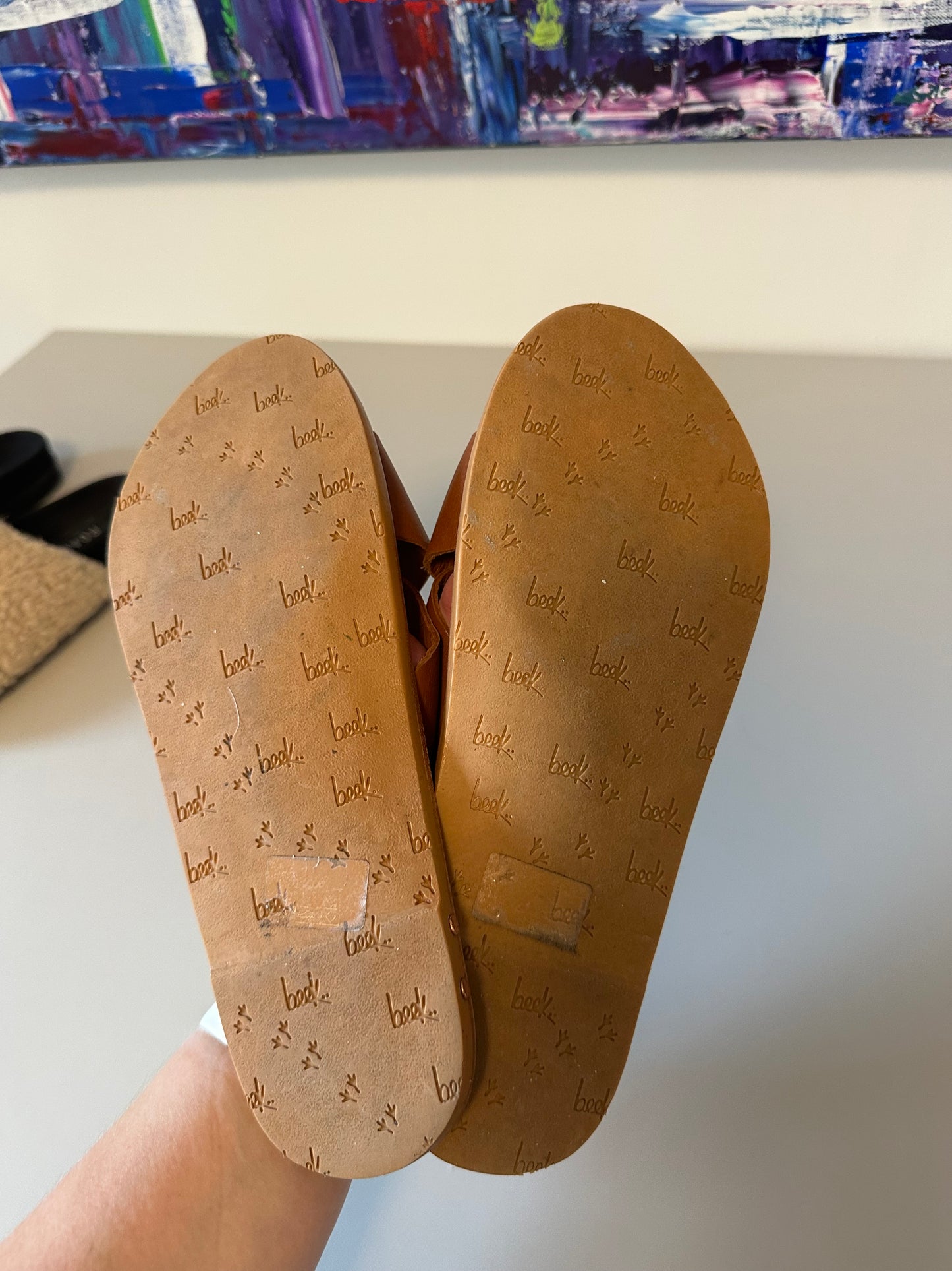 Beek Palila Leather Crisscross Slide Sandals in Brown | Size 8