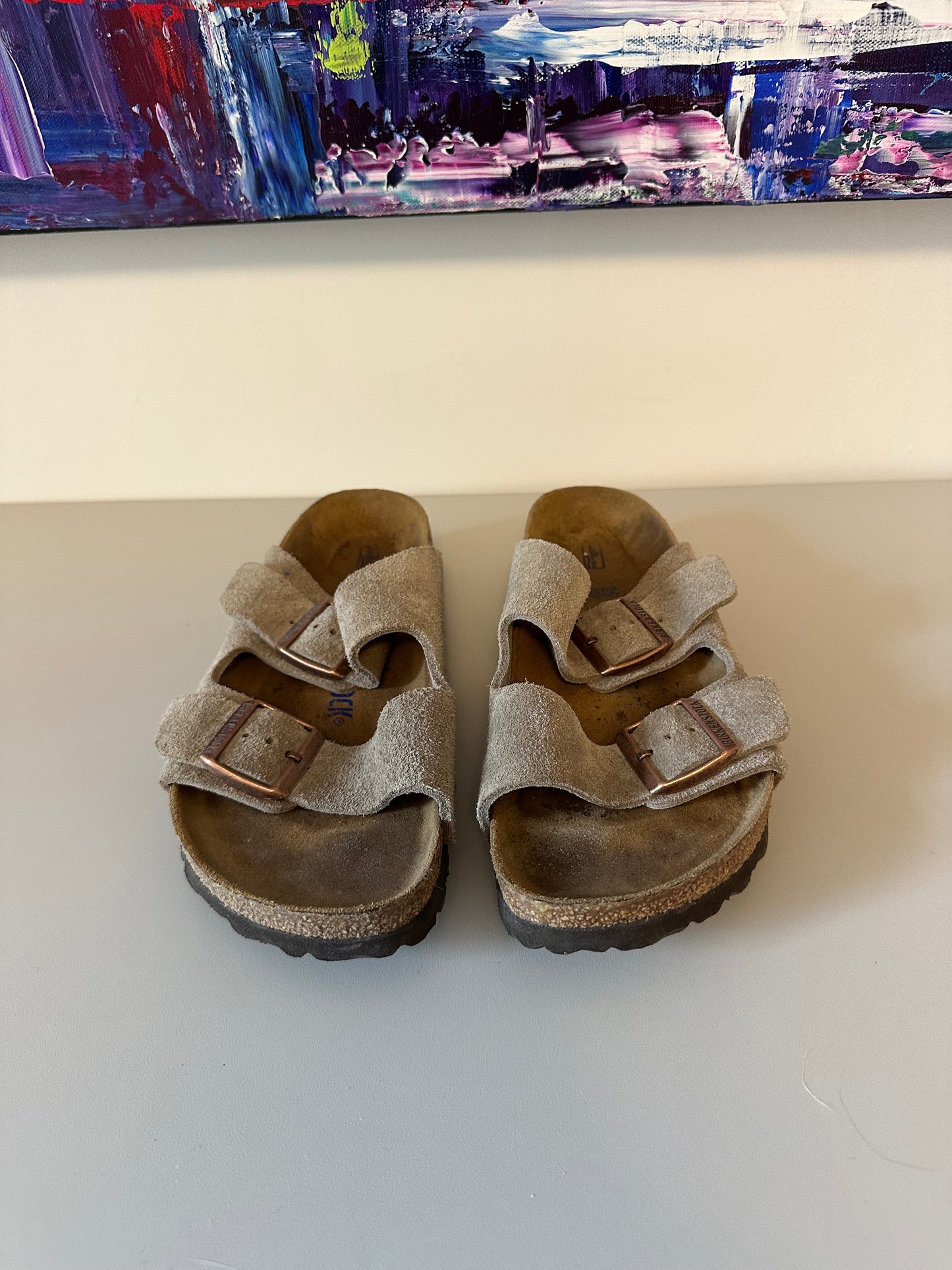 Birkenstock Arizona Soft Footbed Taupe Suede Sandals | Size 39