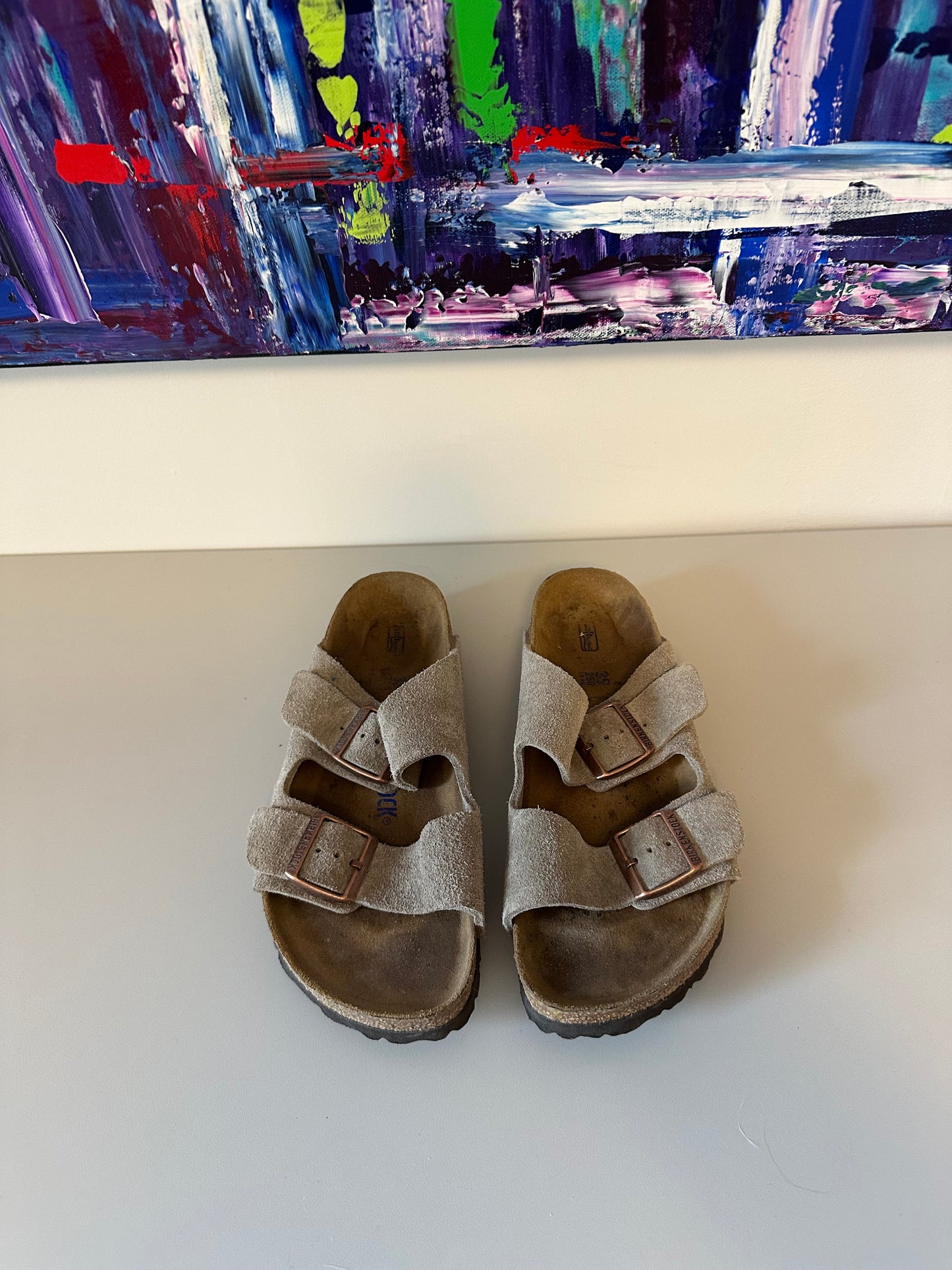 Birkenstock Arizona Soft Footbed Taupe Suede Sandals | Size 39