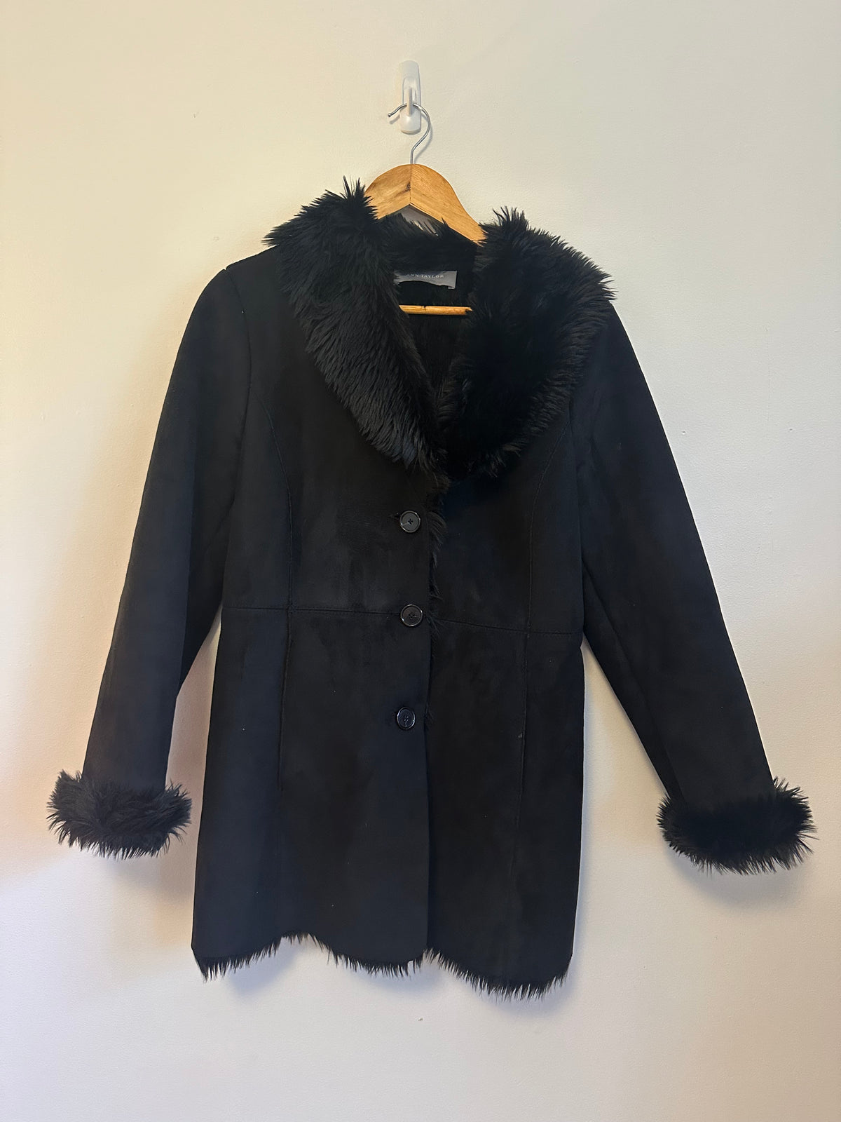 Ann Taylor Black Faux Suede Faux Fur Collar Trim Jacket | Size Small
