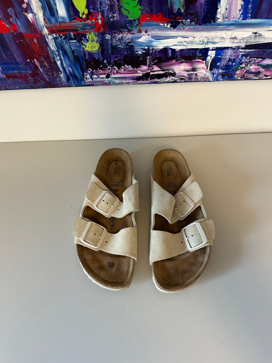 Birkenstock Arizona Soft Footbed Suede Sandals in Beige | Size 38
