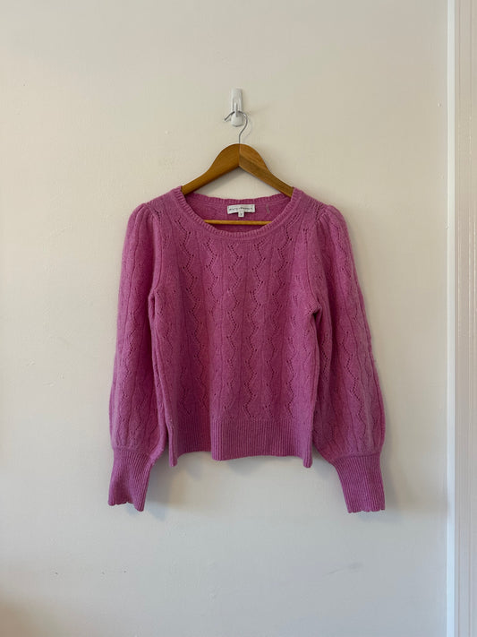 White + Warren Cashmere Lace Stitch Scallop Crew Neck Sweater Wisteria Heather