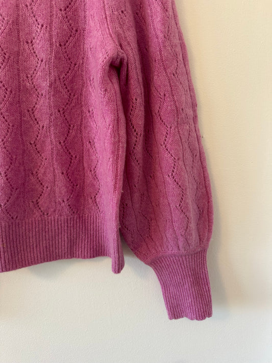 White + Warren Cashmere Lace Stitch Scallop Crew Neck Sweater Wisteria Heather