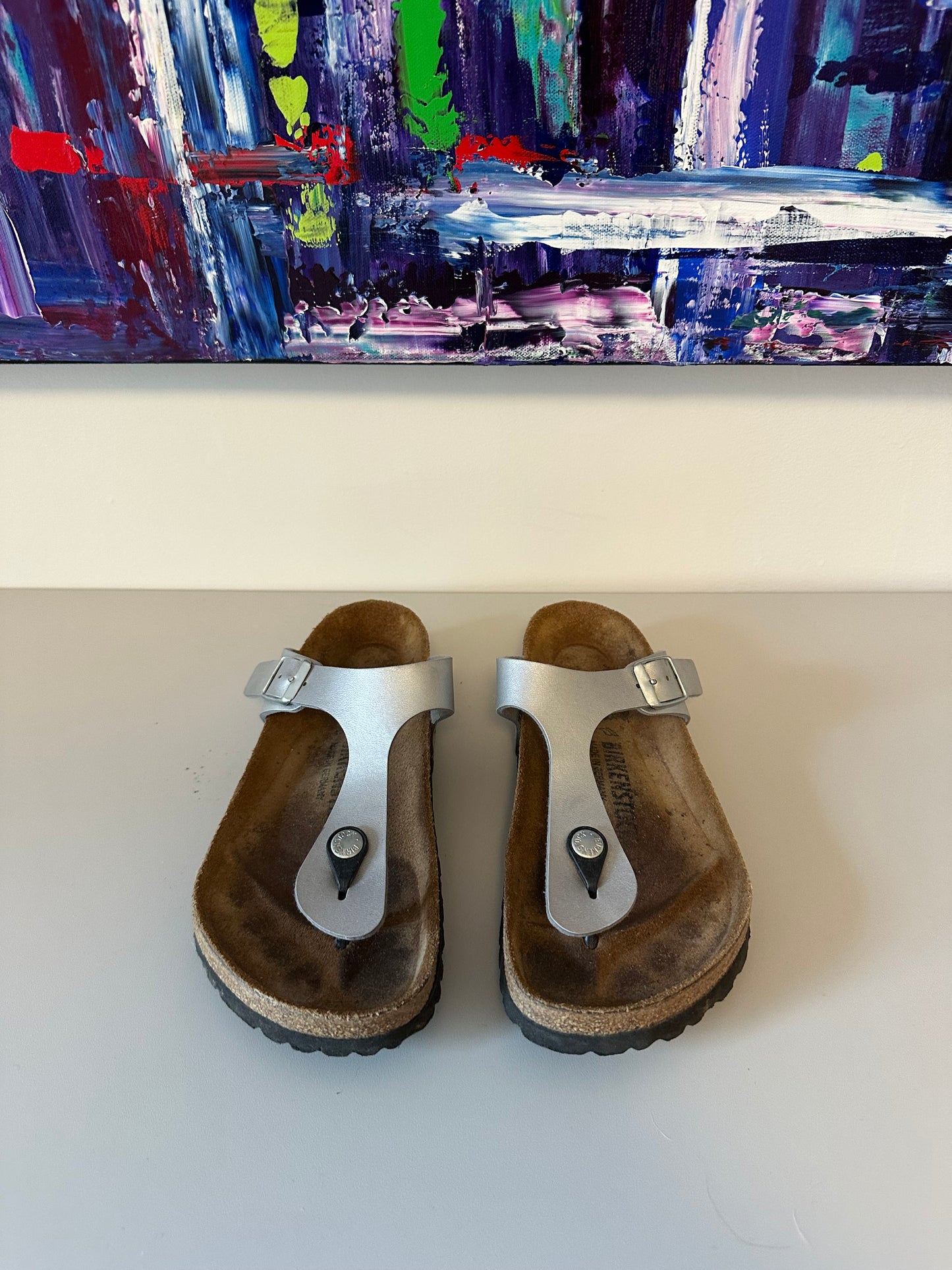 Birkenstock Gizeh Silver Metallic Thong Sandals | Size 38 (US 7-7.5)
