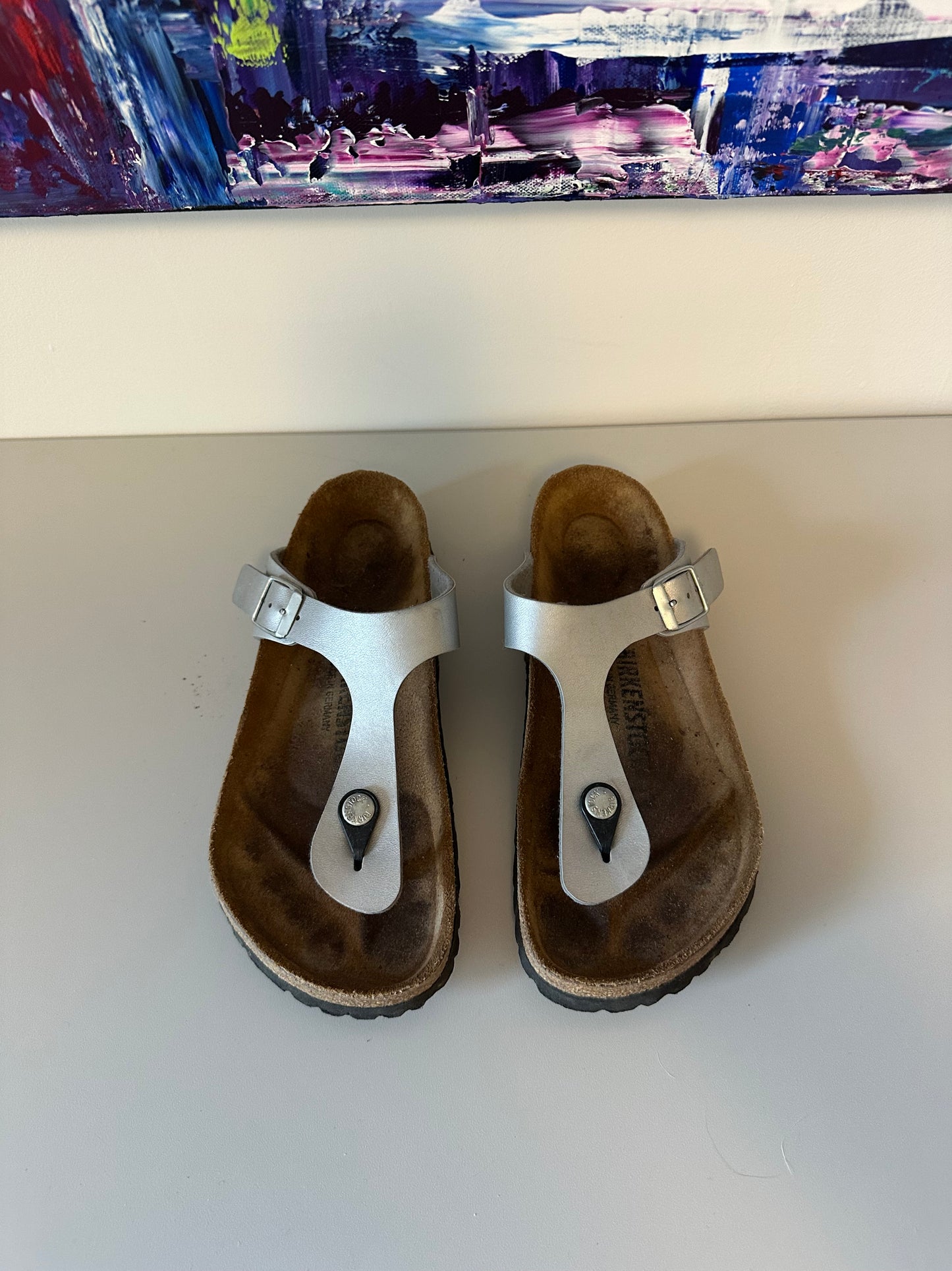 Birkenstock Gizeh Silver Metallic Thong Sandals | Size 38 (US 7-7.5)