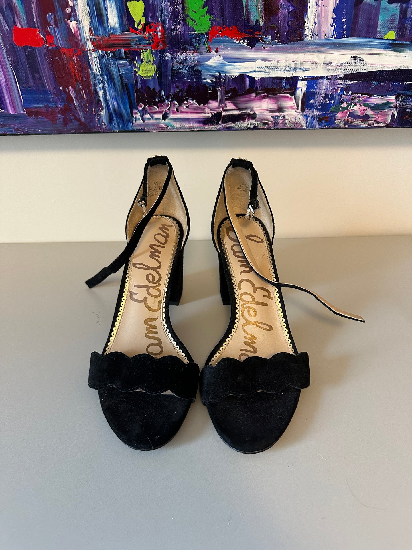 Sam Edelman Odila Black Suede Scalloped Block Heel Sandals | Size 8.5
