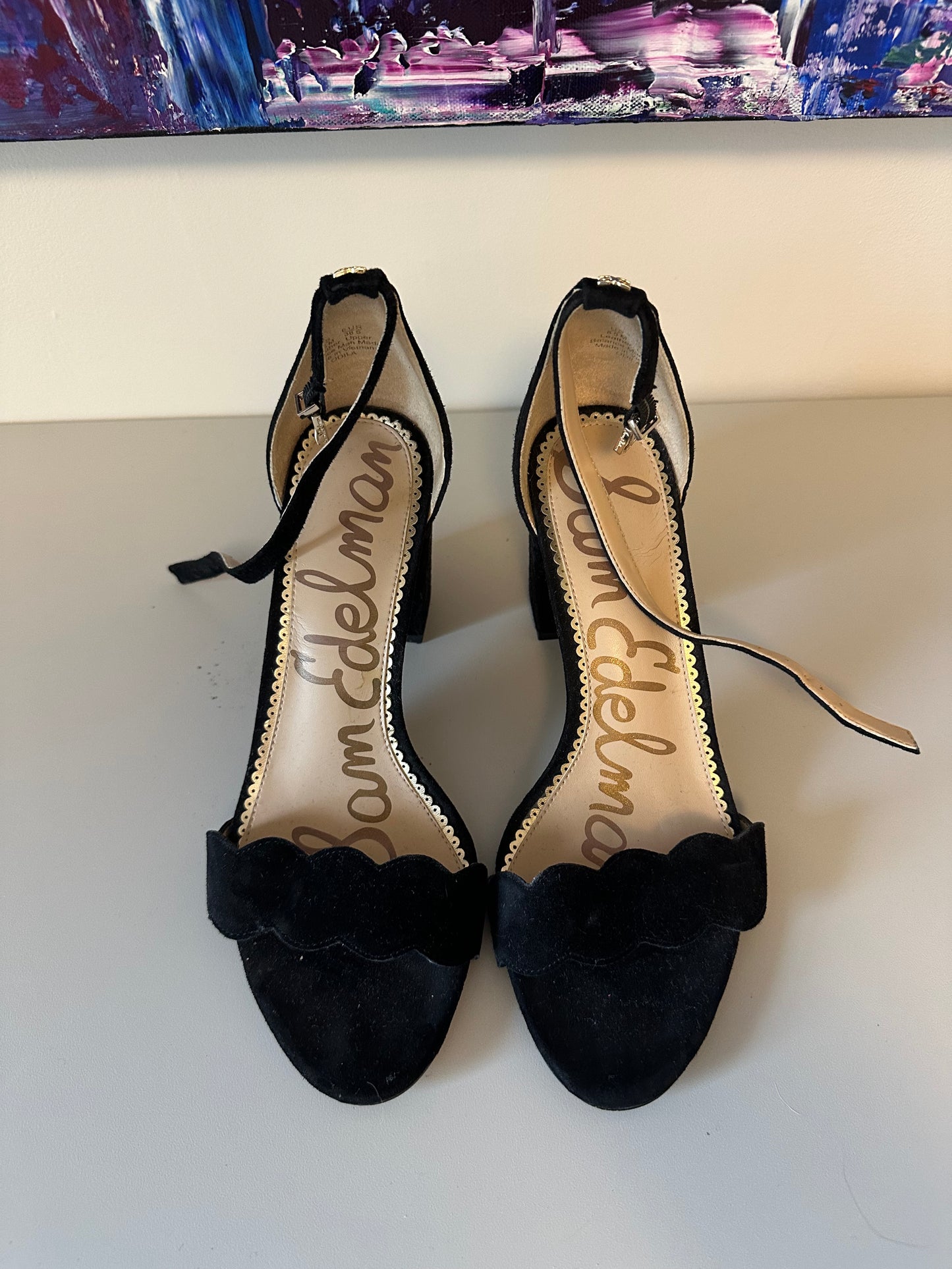Sam Edelman Odila Black Suede Scalloped Block Heel Sandals | Size 8.5