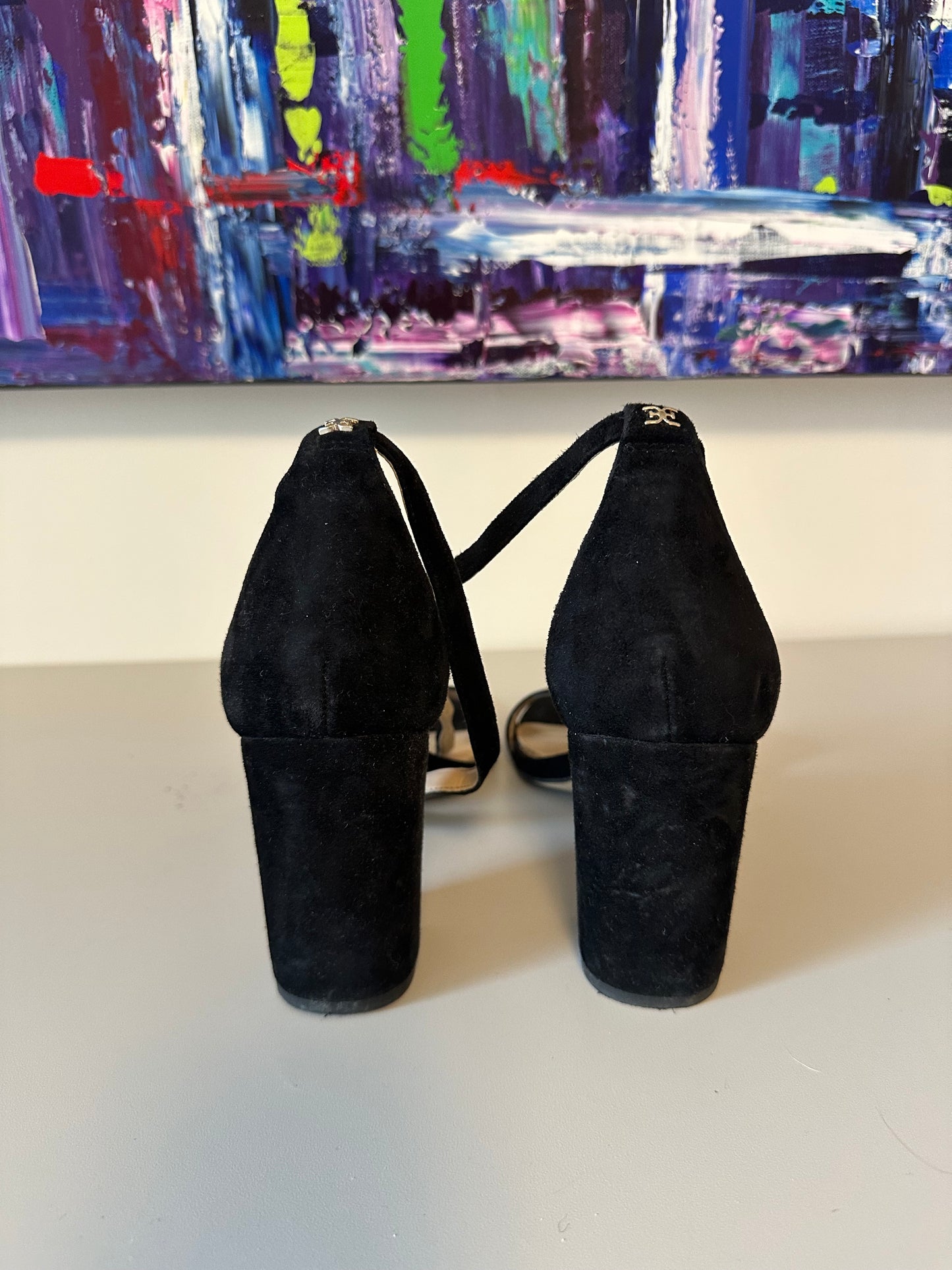 Sam Edelman Odila Black Suede Scalloped Block Heel Sandals | Size 8.5
