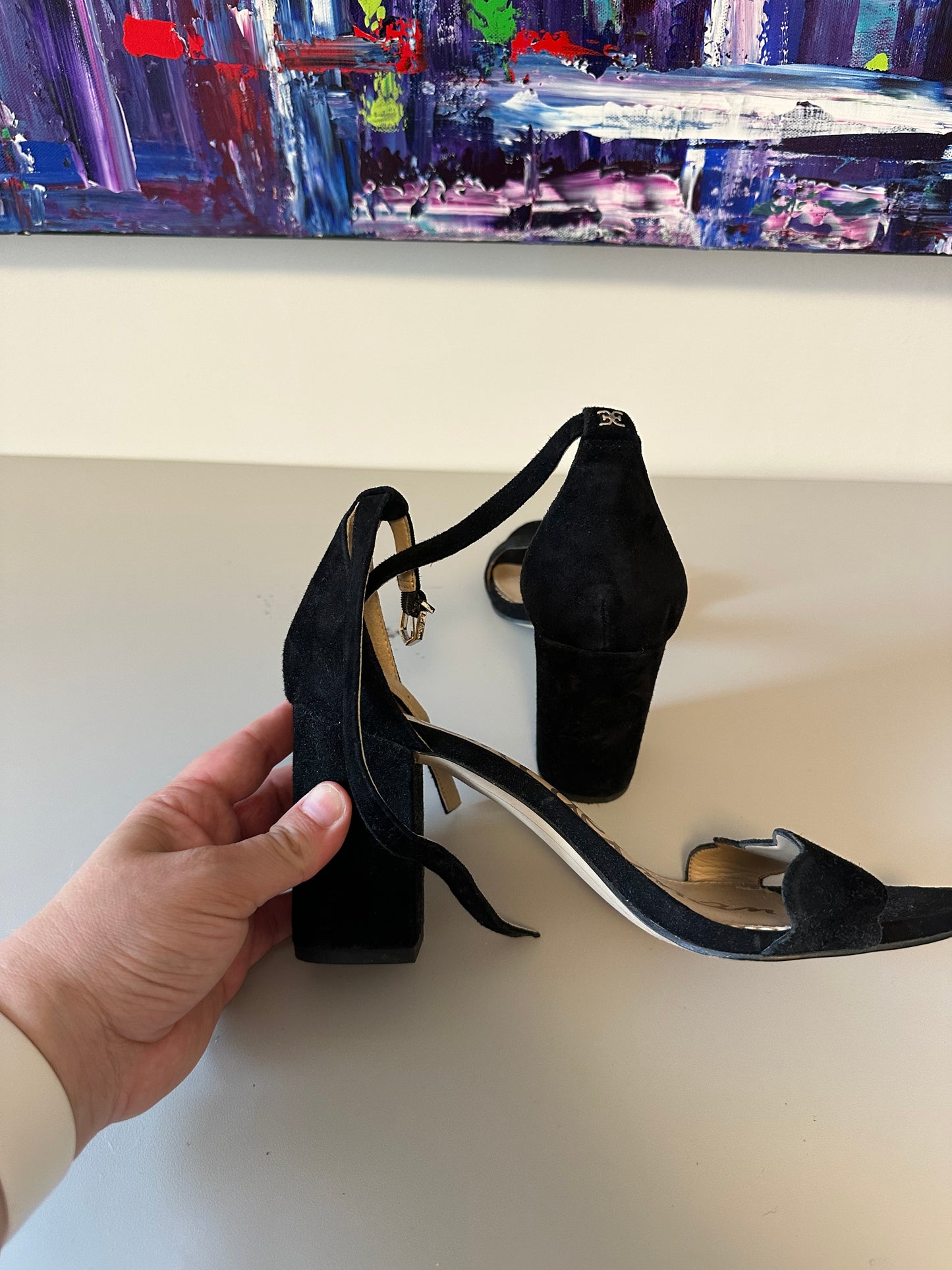 Sam Edelman Odila Black Suede Scalloped Block Heel Sandals | Size 8.5