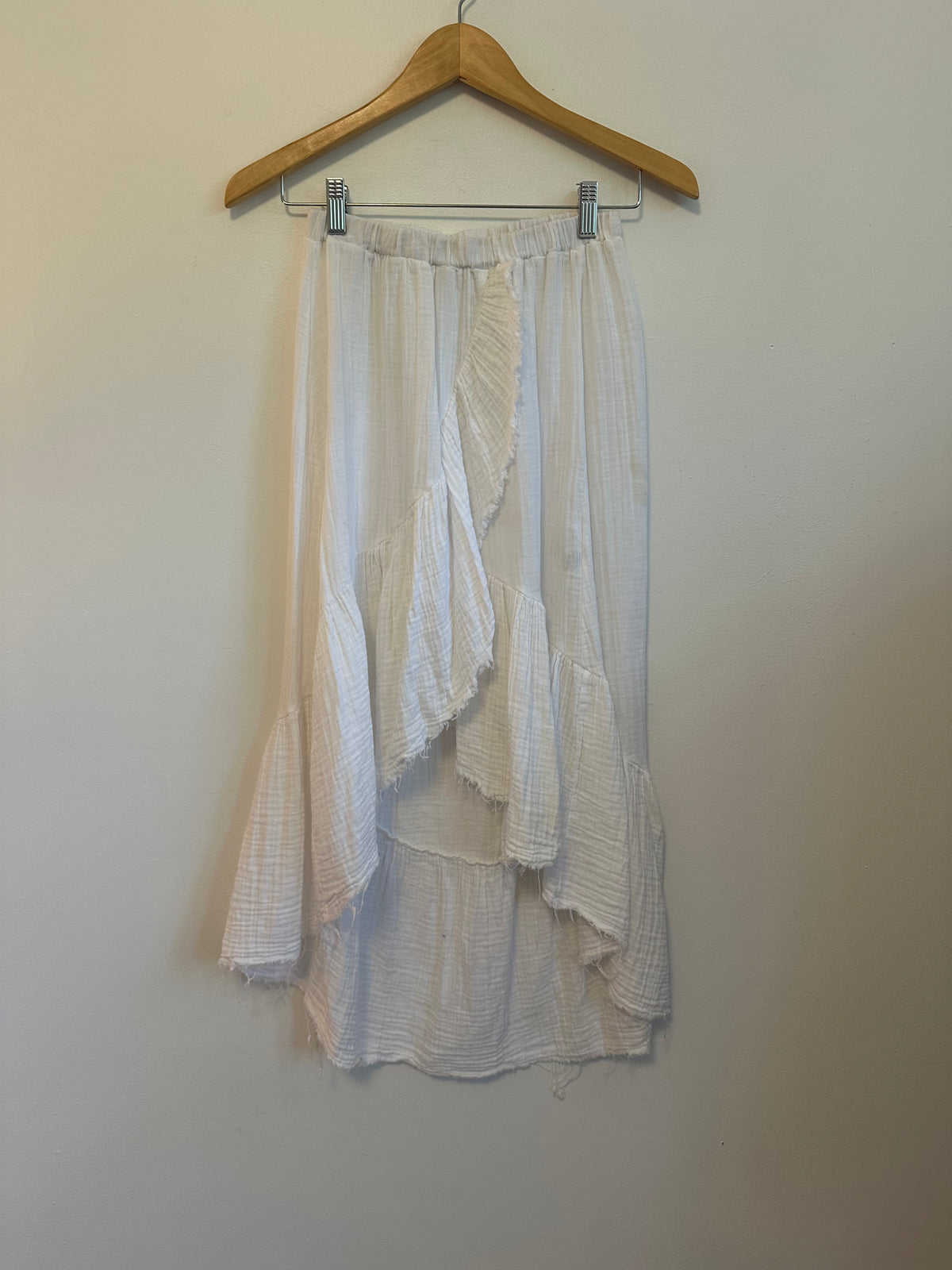 Stark X White Cotton Gauze High Low Ruffle Skirt | Size Small