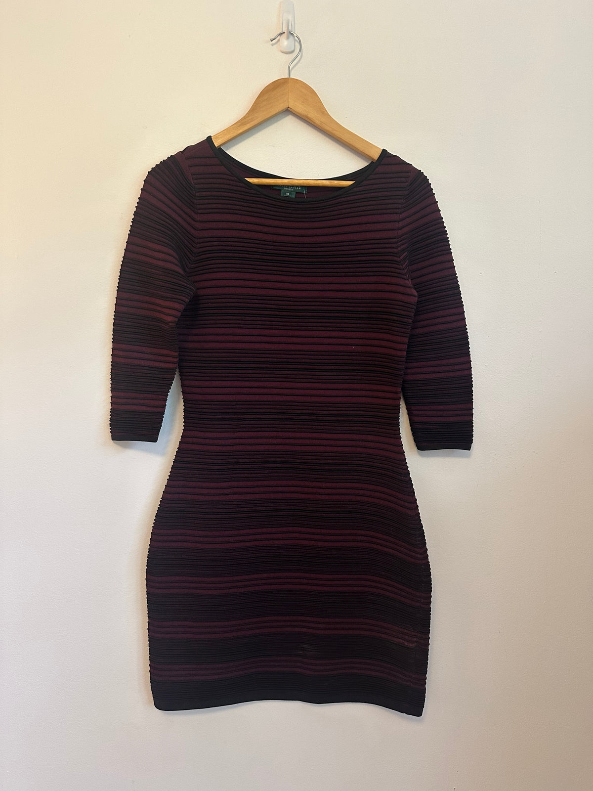 NWT Lauren Ralph Lauren Burgundy and Black Ribbed Striped Bodycon Dress | Size XS