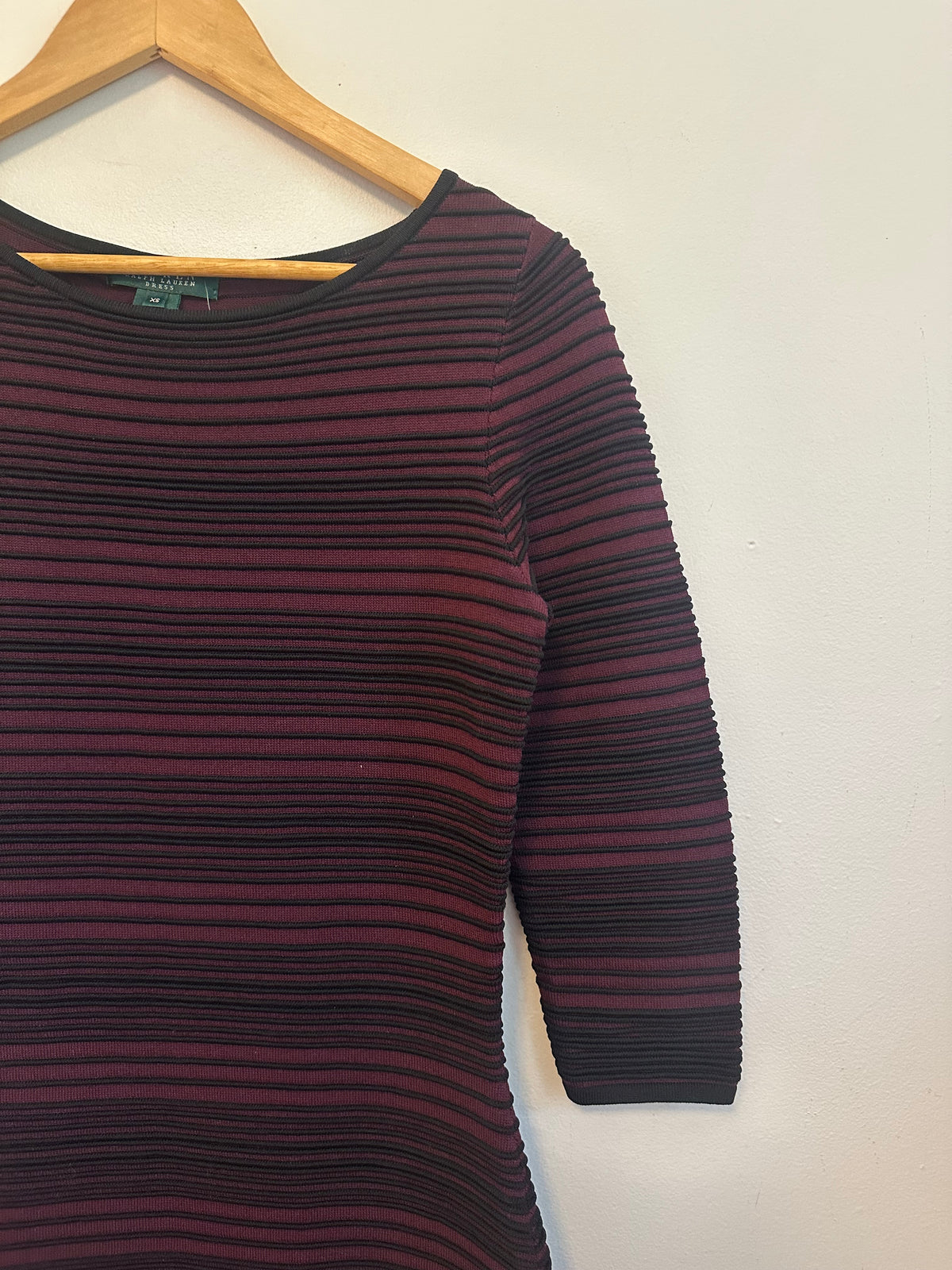 NWT Lauren Ralph Lauren Burgundy and Black Ribbed Striped Bodycon Dress | Size XS