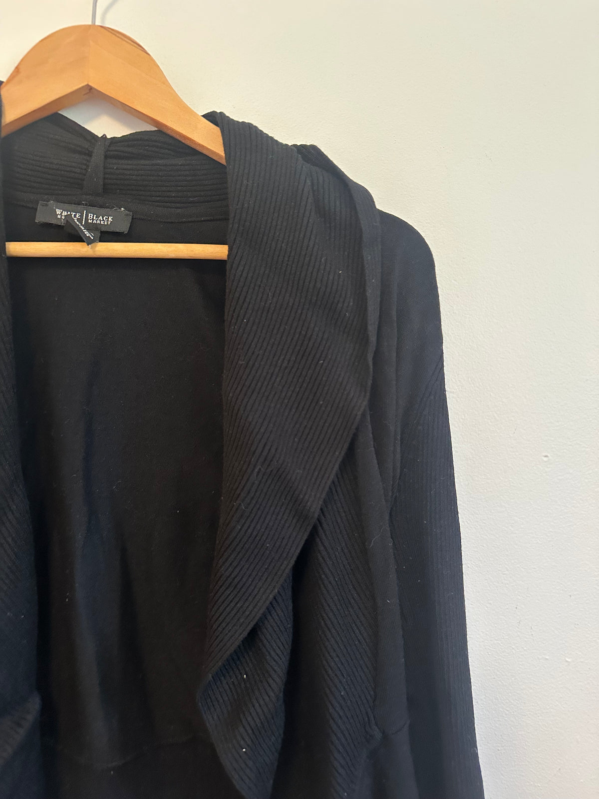 White House Black Market Black Ribbed Shawl Collar Open Front Cardigan | Size XS