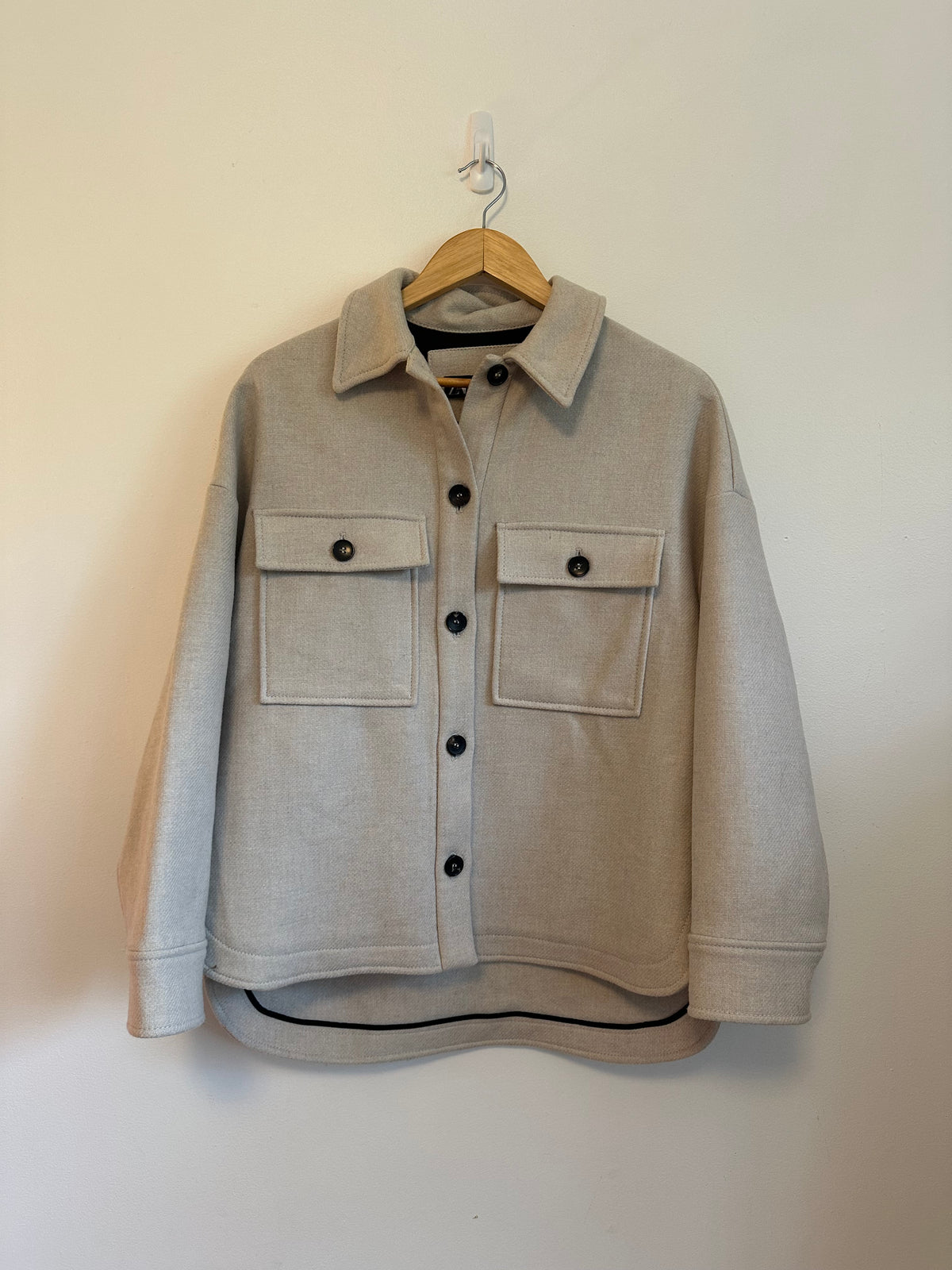 Zara Wool Blend Shacket Oversized Shirt Jacket in Beige | Size XS