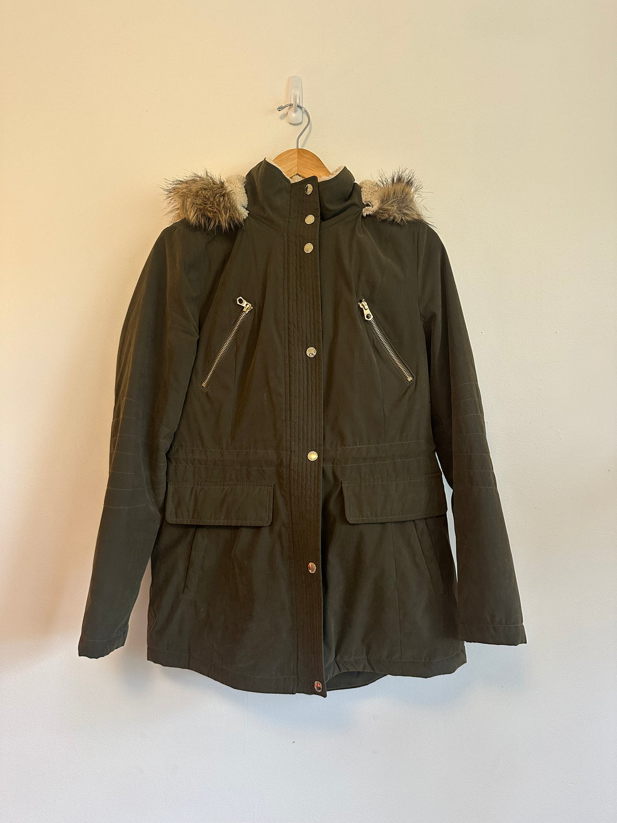 Nautica Olive Green Sherpa Lined Faux Fur Hood Utility Jacket | Size Small